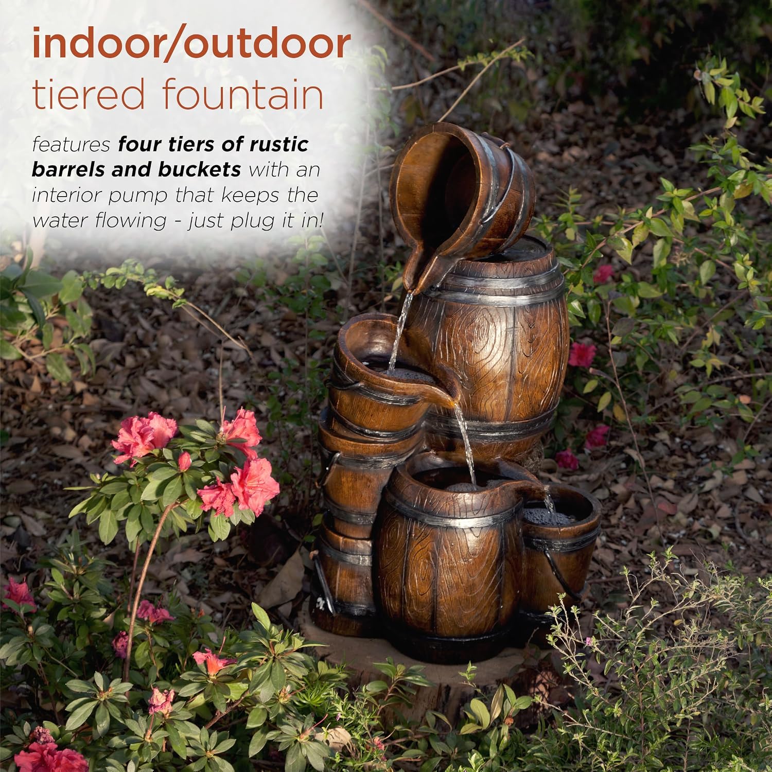 Alpine Corporation ZEN409S Outdoor Rustic 4-Tiered Barrels and Buckets Water Floor Fountain - Farmhouse Style, 24 Inch Tall, Brown