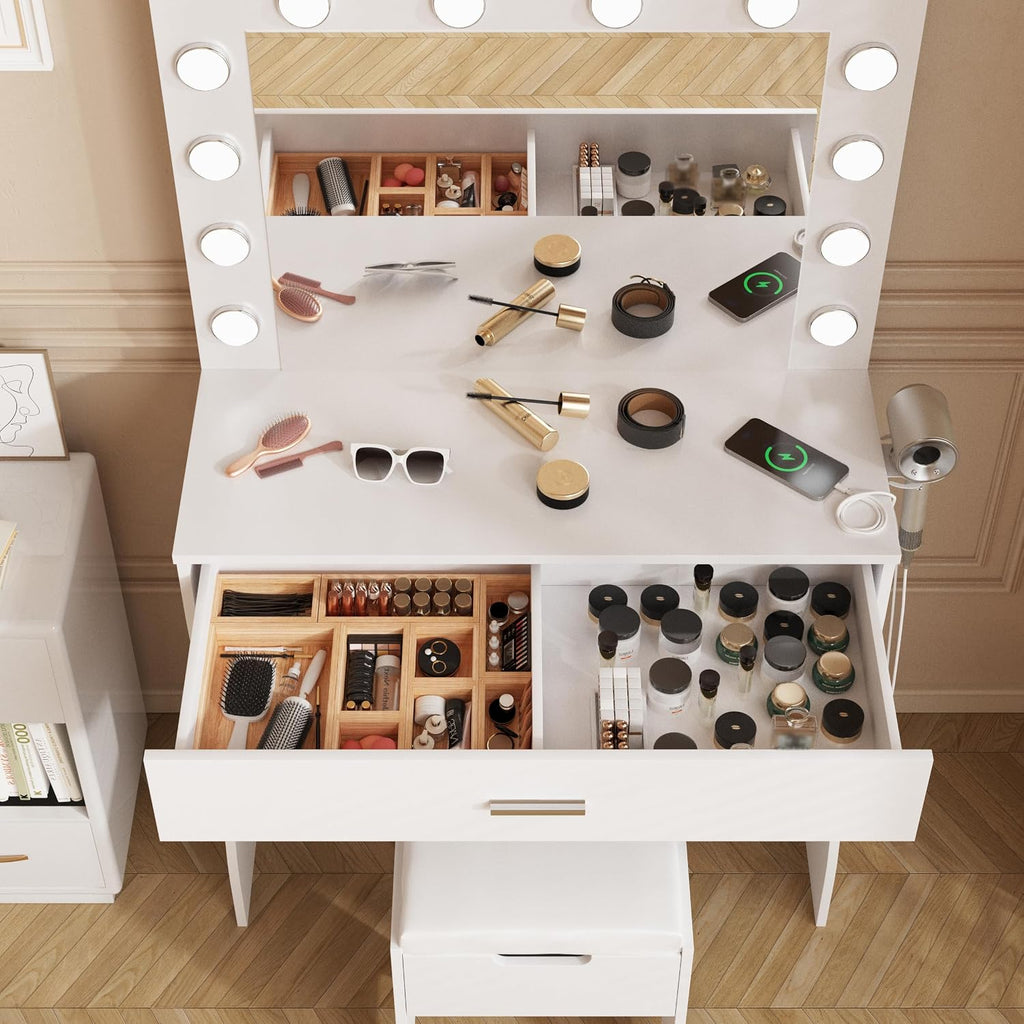 Halitaa Vanity Desk with Lights, Makeup Vanity Desk with Lighted Mirror and Charging Station, ，3 Lighting Modes Adjustable Brightness,Makeup Vanity Set with Cushioned Chair