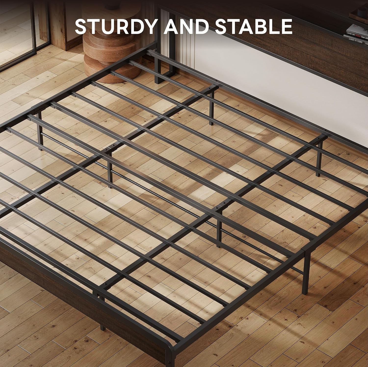 LIKIMIO King Bed Frame with Headboard, Dark Wood Camas King with Strong Supports, Sturdy, Noise-Free, No Box Spring Needed, Dark Brown