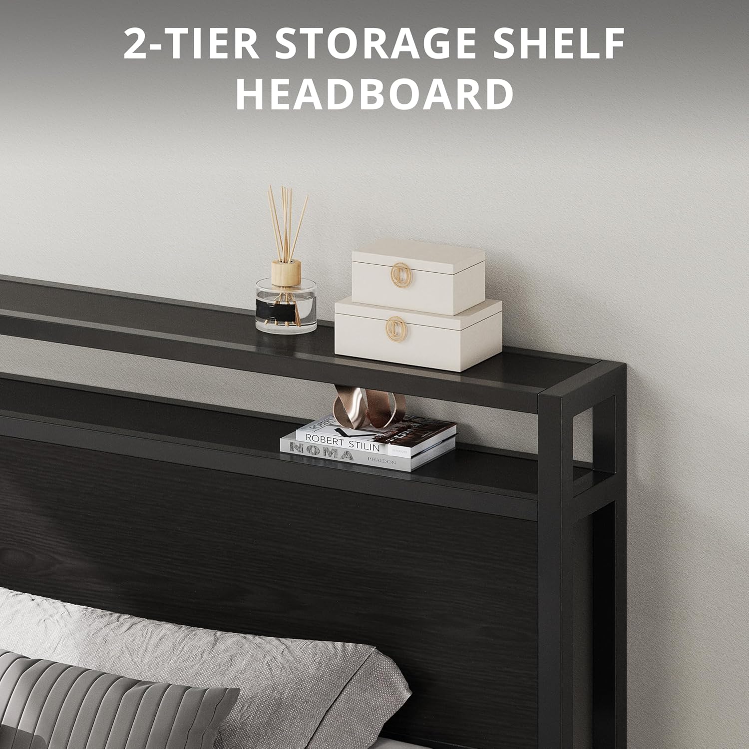 LIKIMIO Queen Bed Frame with Headboard, Dark Wood Camas Queen with Strong Supports, Sturdy, Noise-Free, No Box Spring Needed, Classic Black