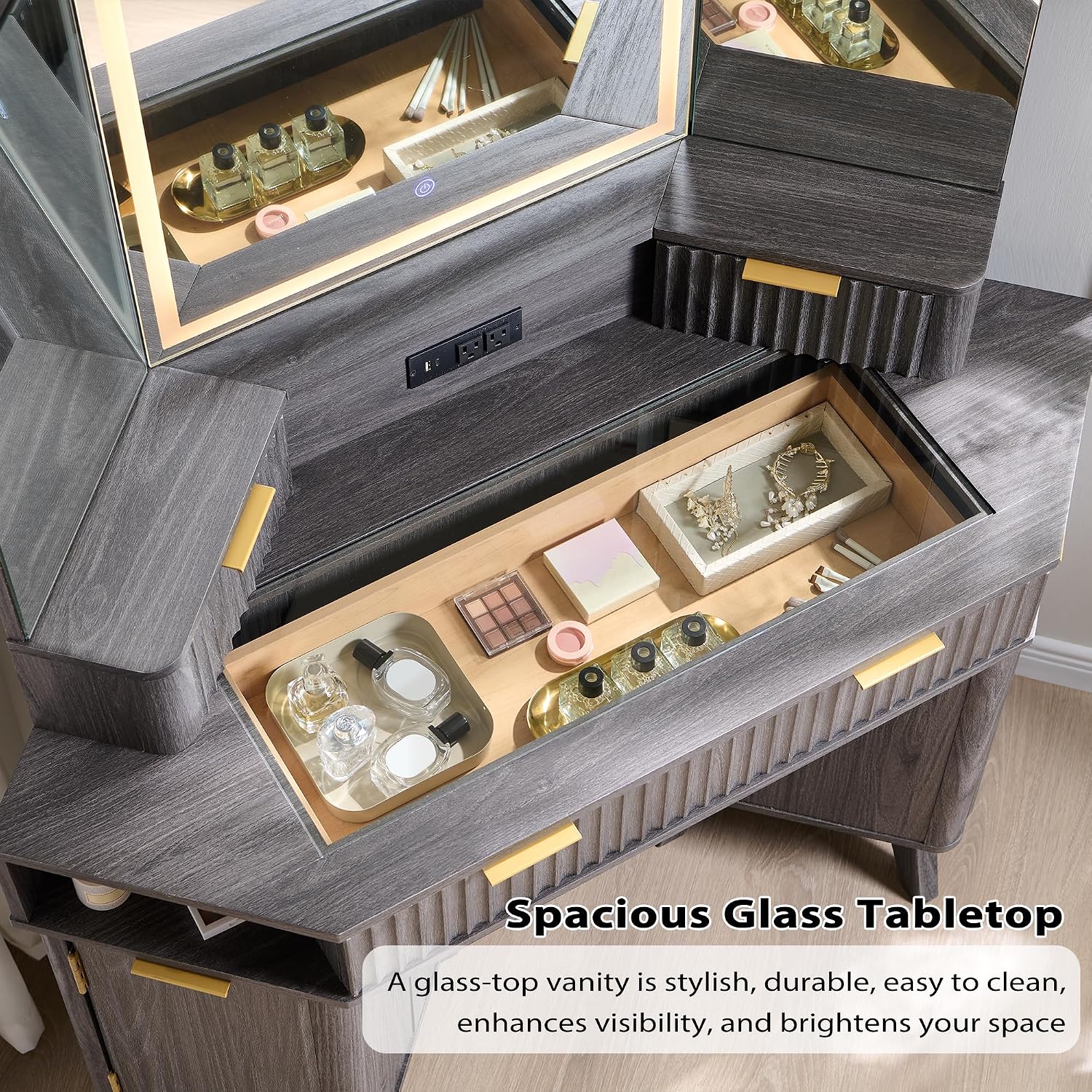 T4TREAM Fluted Makeup Vanity Desk with 3 Way Mirror and Lights, 48' Large Corner Vanity Table with Glass Top, Charging Station, 3 Drawers, Storage Cabinets & Shelves, for Bedroom, Dark Alder