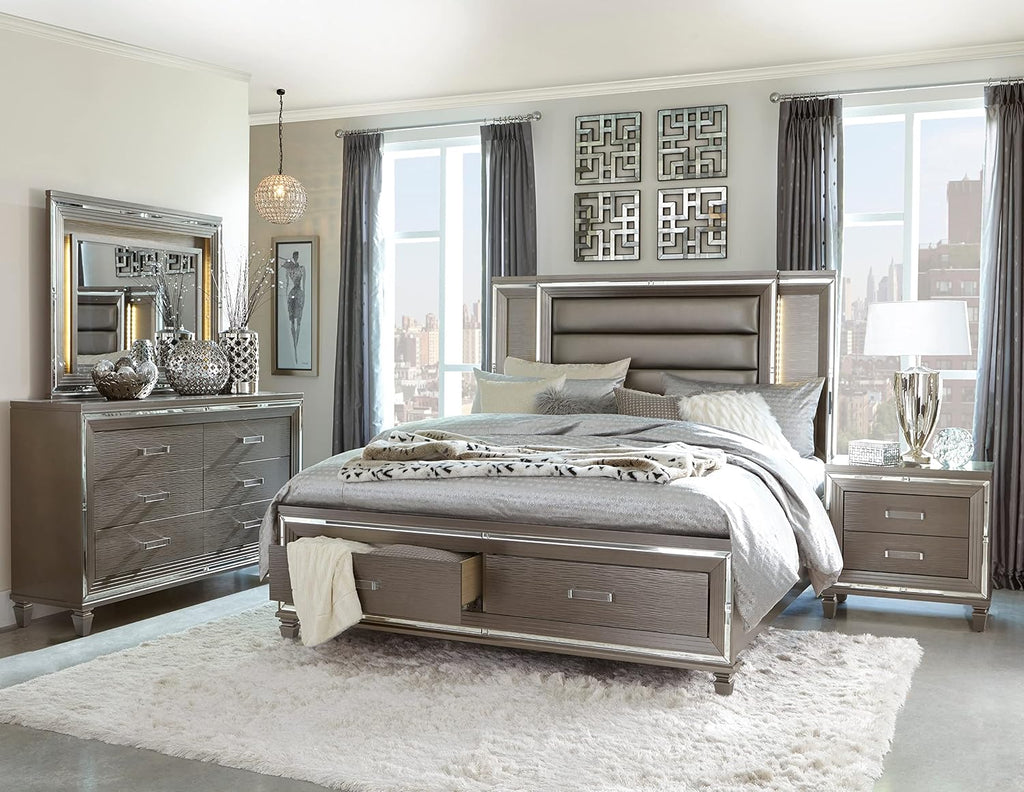 Silver Gray Metallic Finish 5pc Bedroom Furniture Set Tufted California King Size Platform Bed LED Light Upholstered Headboard