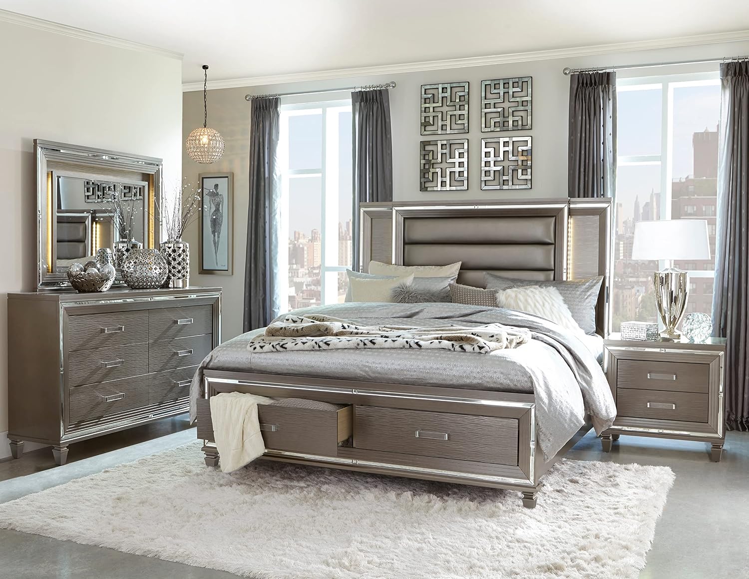 Silver Gray Metallic Finish 5pc Bedroom Furniture Set Tufted California King Size Platform Bed LED Light Upholstered Headboard