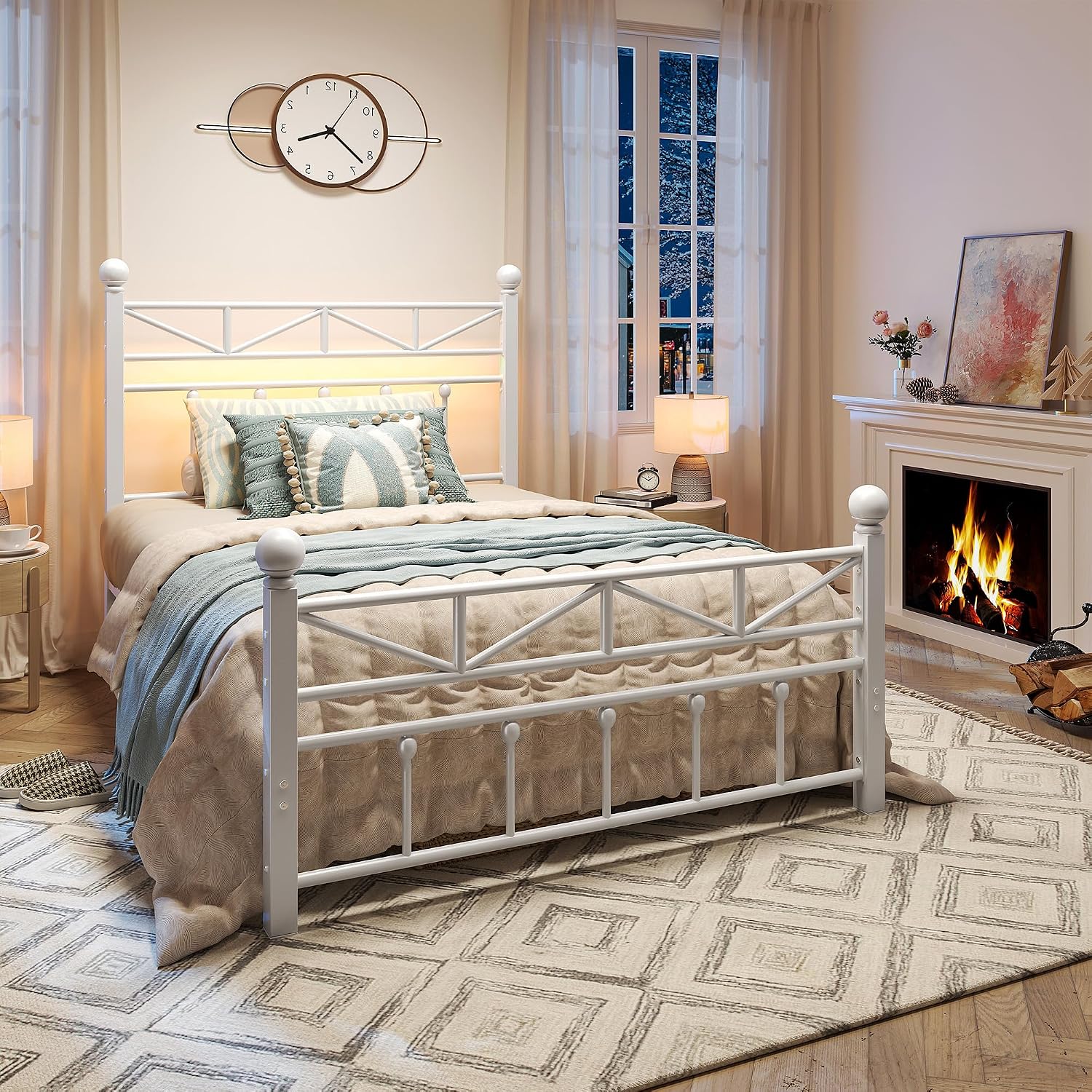 EnHomee 14.2' Metal Twin Bed Frames with Tall Headboard & Footboard, LED Light Twin Bed Frame, Strong Metal Slats Support and Noise-Free Design with Under Bed Storage/No Box Spring Needed/White