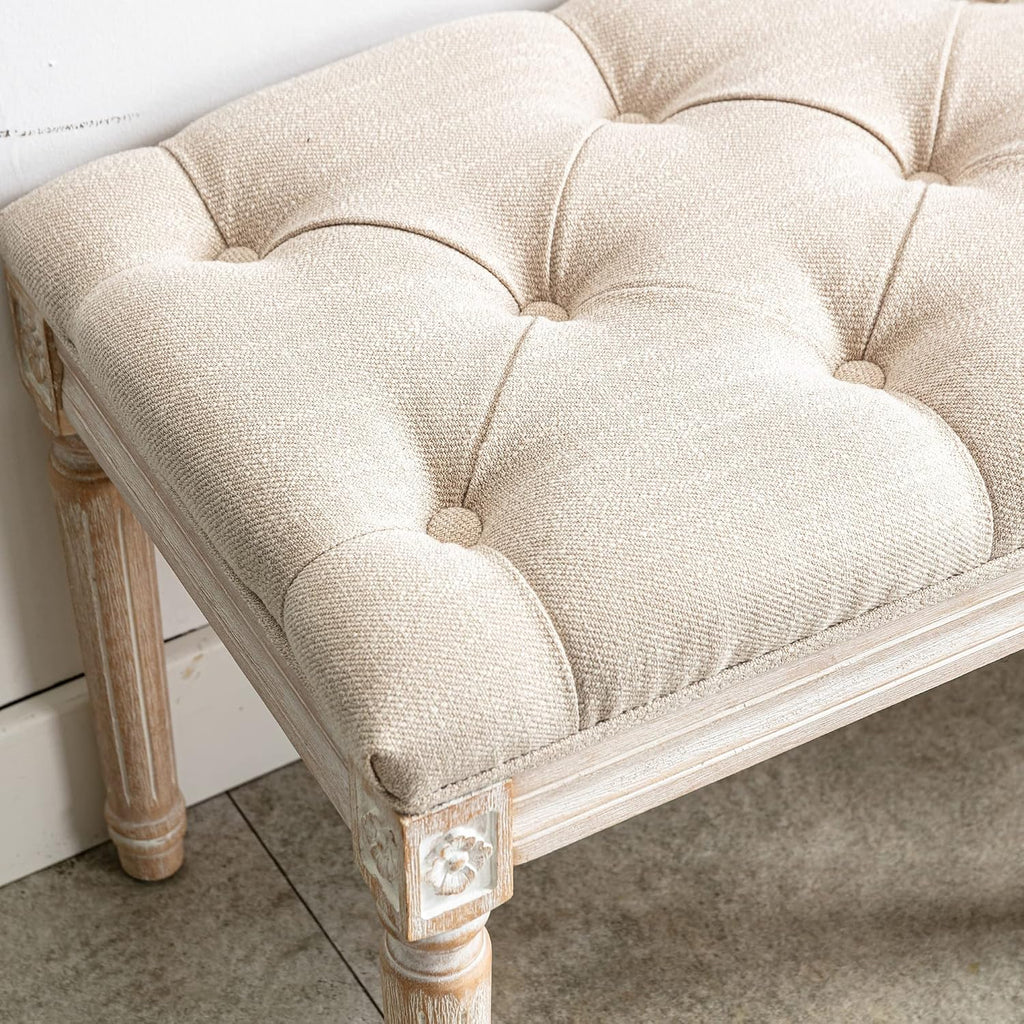 Tufted Dining Bench French Vintage Fabric Upholstered Wood Dining Room Bench Rustic Entryway Bench Bedroom End Bed Bench, Beige 45' Long