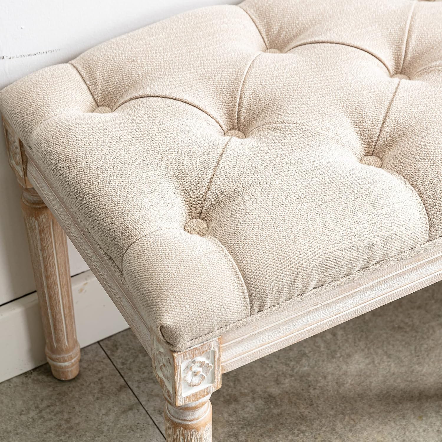 Tufted Dining Bench French Vintage Fabric Upholstered Wood Dining Room Bench Rustic Entryway Bench Bedroom End Bed Bench, Beige 45' Long