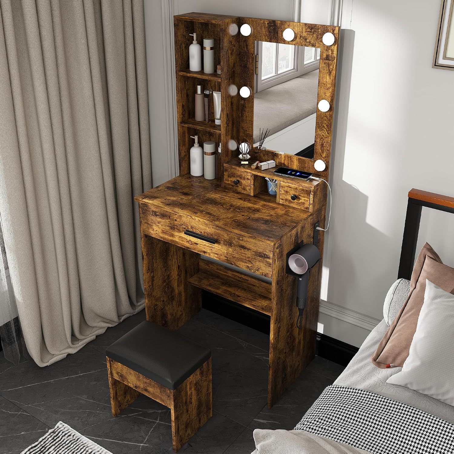 Runboll Small Vanity Desk with Mirror and Lights, Compact Makeup Vanity with Power Strip & Hairdryer Holder, Dressing Table Set with Stool, Drawers & Shelves