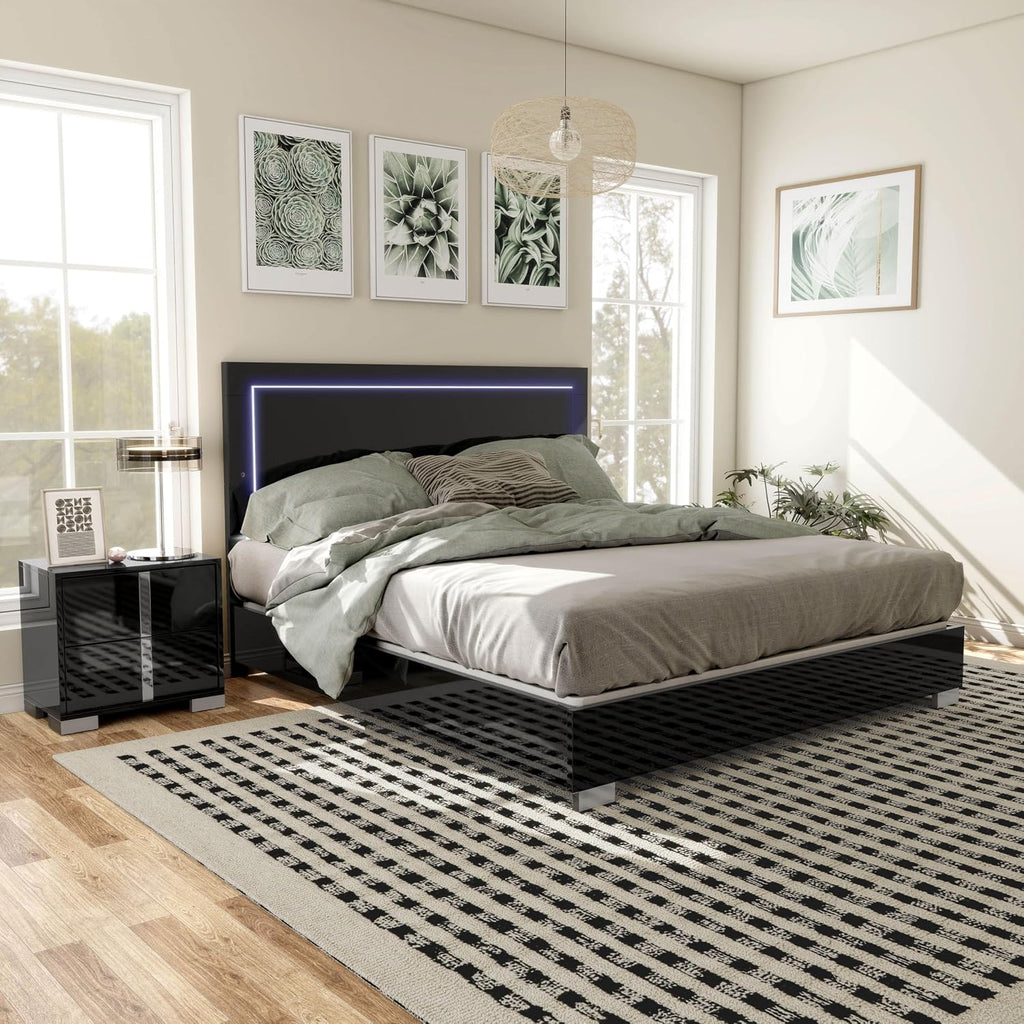 Furniture of America Alistair Modern Wood 2-Piece Bedroom Set with LED on Headboard Bed, Ball-Bearing Glides, Vertical Chrome Handles on Nightstand, Box Spring Required, King, Black