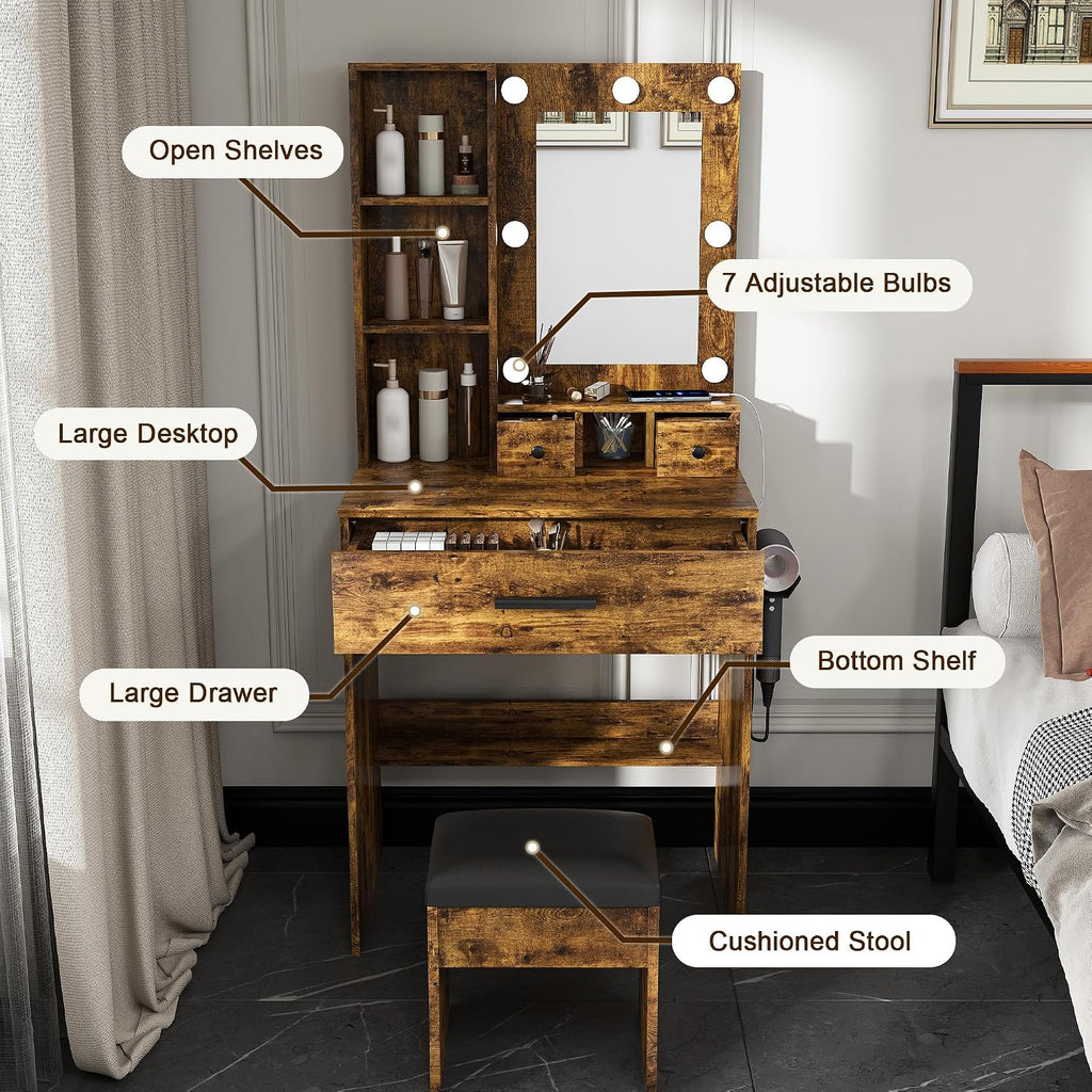 Runboll Small Vanity Desk with Mirror and Lights, Compact Makeup Vanity with Power Strip & Hairdryer Holder, Dressing Table Set with Stool, Drawers & Shelves