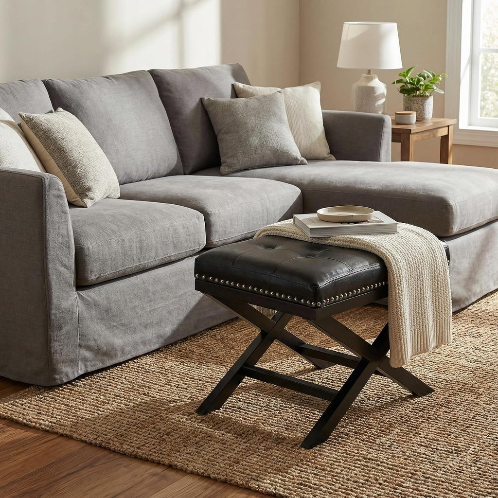Cortesi Home Kayla Traditional 'X' Bench Vinyl Ottoman with Nailhead Trim Finish, Black