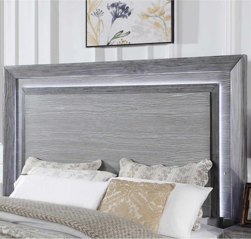 Furniture of America Isadora Transitional Solid Wood 3-Piece Bedroom Set, LED Light Bed and 2 Nightstands with USB Ports for Bedroom, Box Spring Required, Queen, Gray