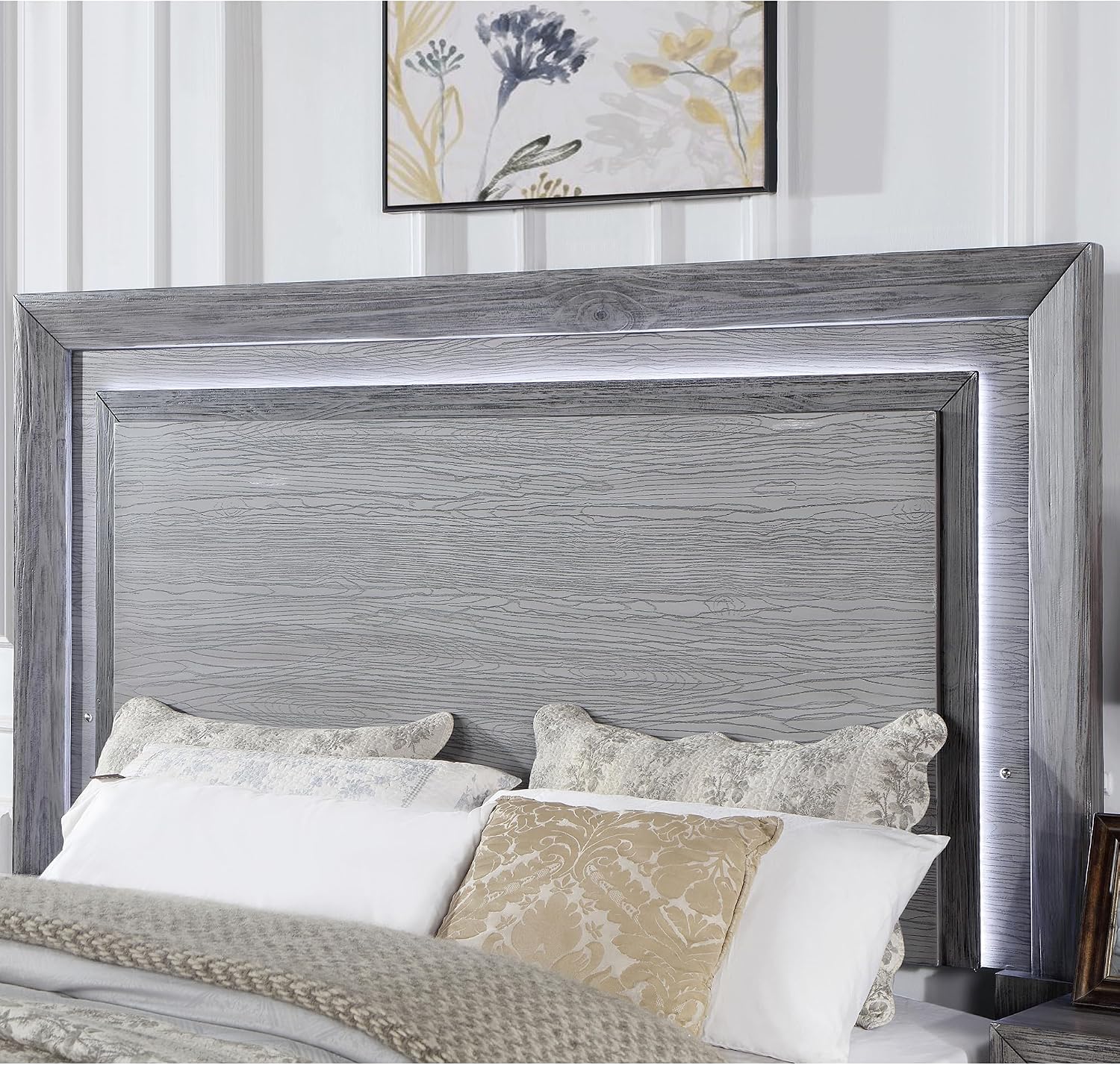 Furniture of America Isadora Transitional Solid Wood 3-Piece Bedroom Set, LED Light Bed and 2 Nightstands with USB Ports for Bedroom, Box Spring Required, King, Gray
