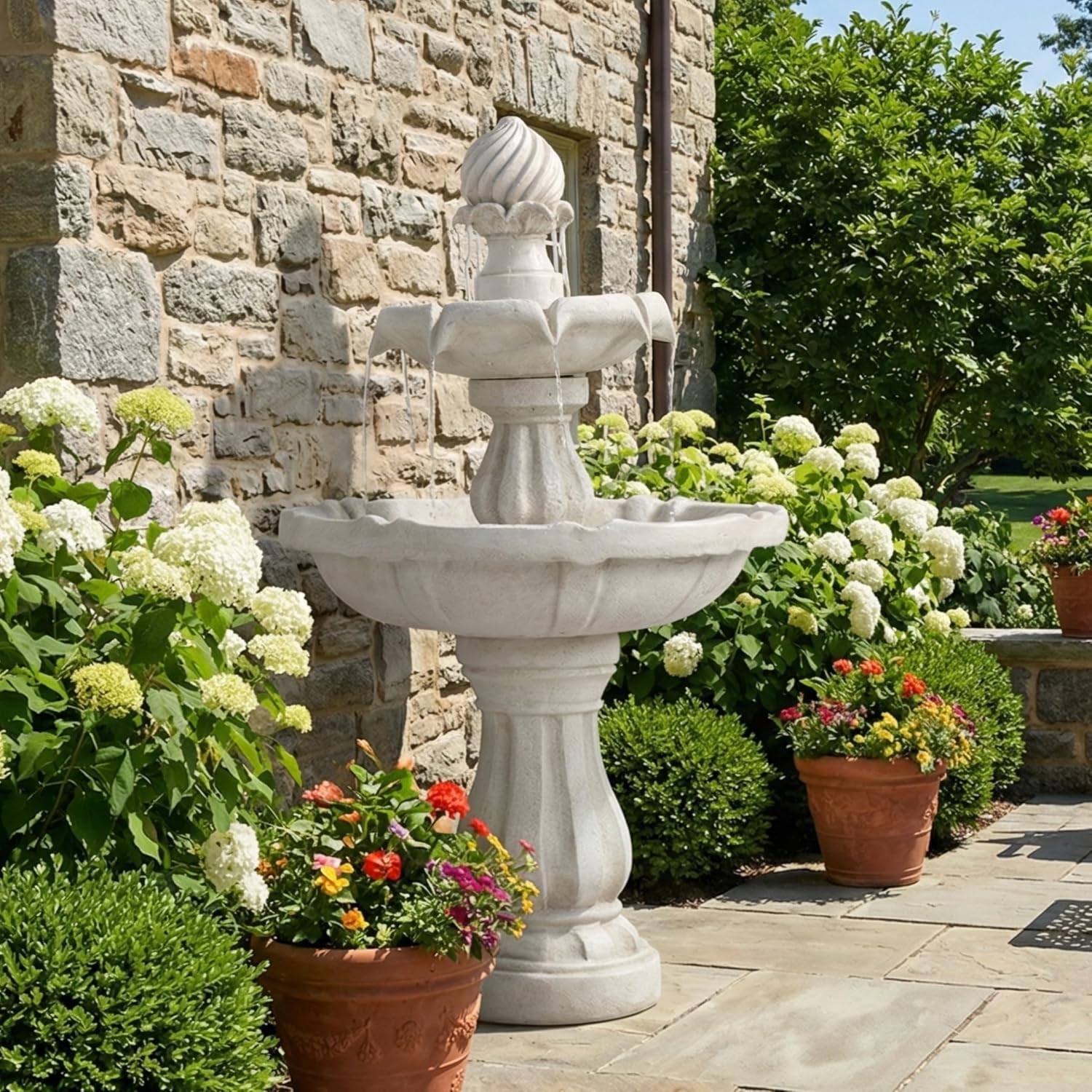 Merax 37.4' H 2-Tier White Polyresin Outdoor Water Fountain, Classic Pedestal Cascading Water Feature for Patio Garden Yard Decor