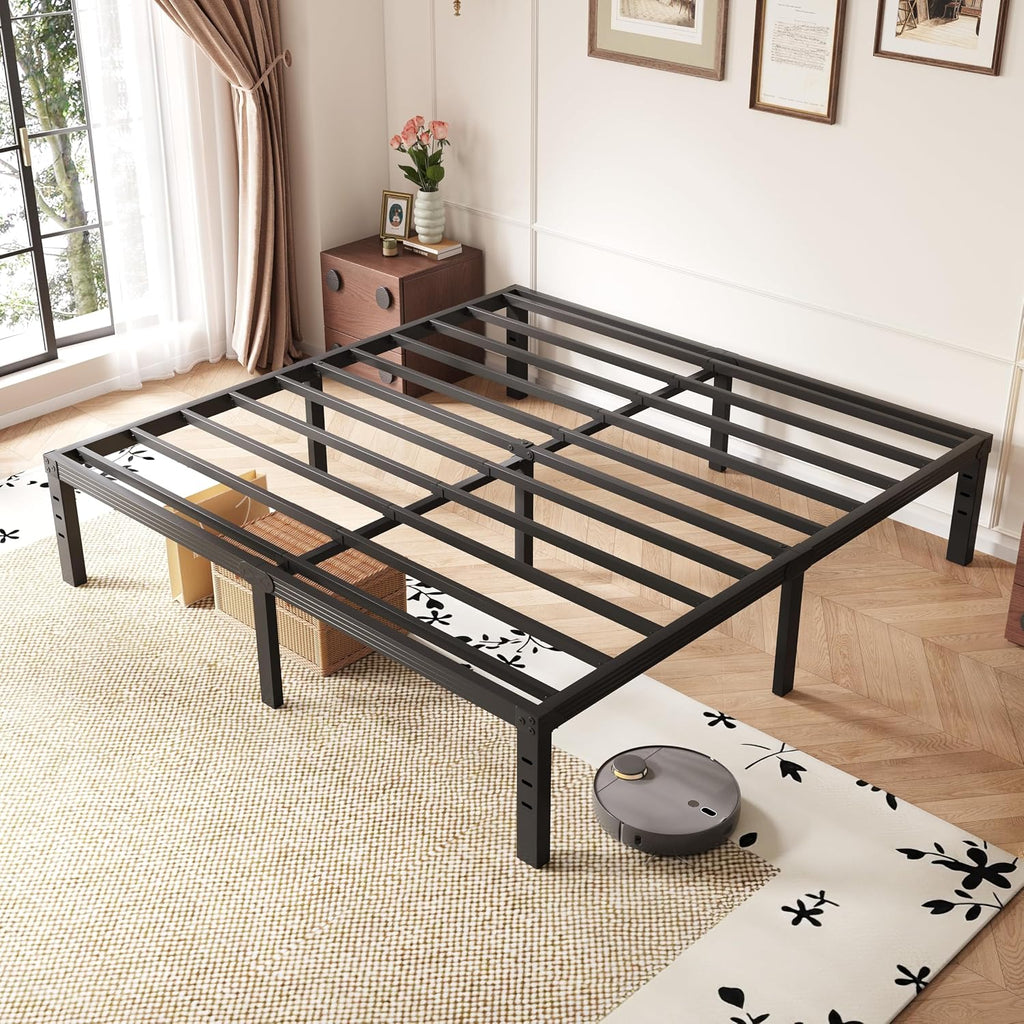 18 Inch High California King Bed Frames No Box Spring Needed, Tall Heavy Duty Metal Platform Cal King Bed Frame for Heavy People with Steel Slat, Easy Assembly, Noise Free, Black