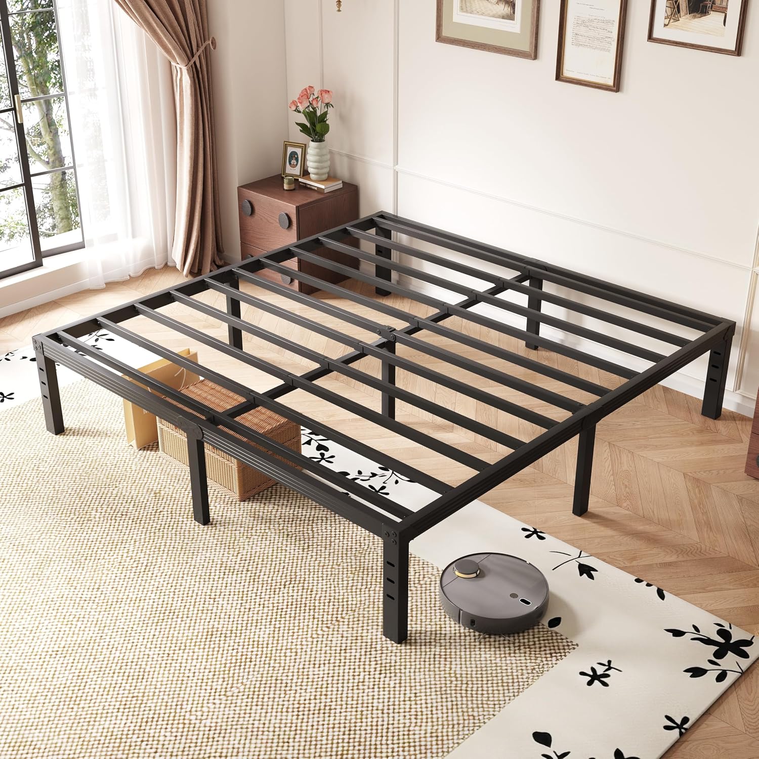 18 Inch High California King Bed Frames No Box Spring Needed, Tall Heavy Duty Metal Platform Cal King Bed Frame for Heavy People with Steel Slat, Easy Assembly, Noise Free, Black