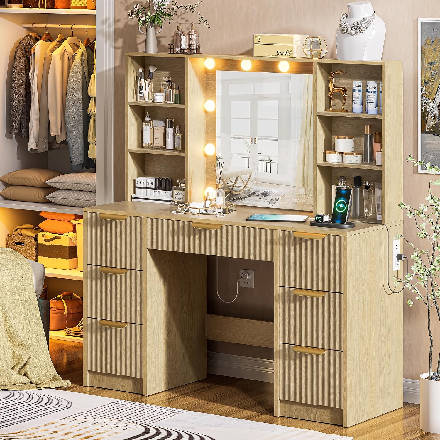 Fluted Vanity Desk with Mirror and 10 Adjustable LED Lights, Modern Makeup Desk with 7 Drawers & 6 Shelves, Dressing Table with Charging Station for Girls, Women, Bedroom, Natural Oak