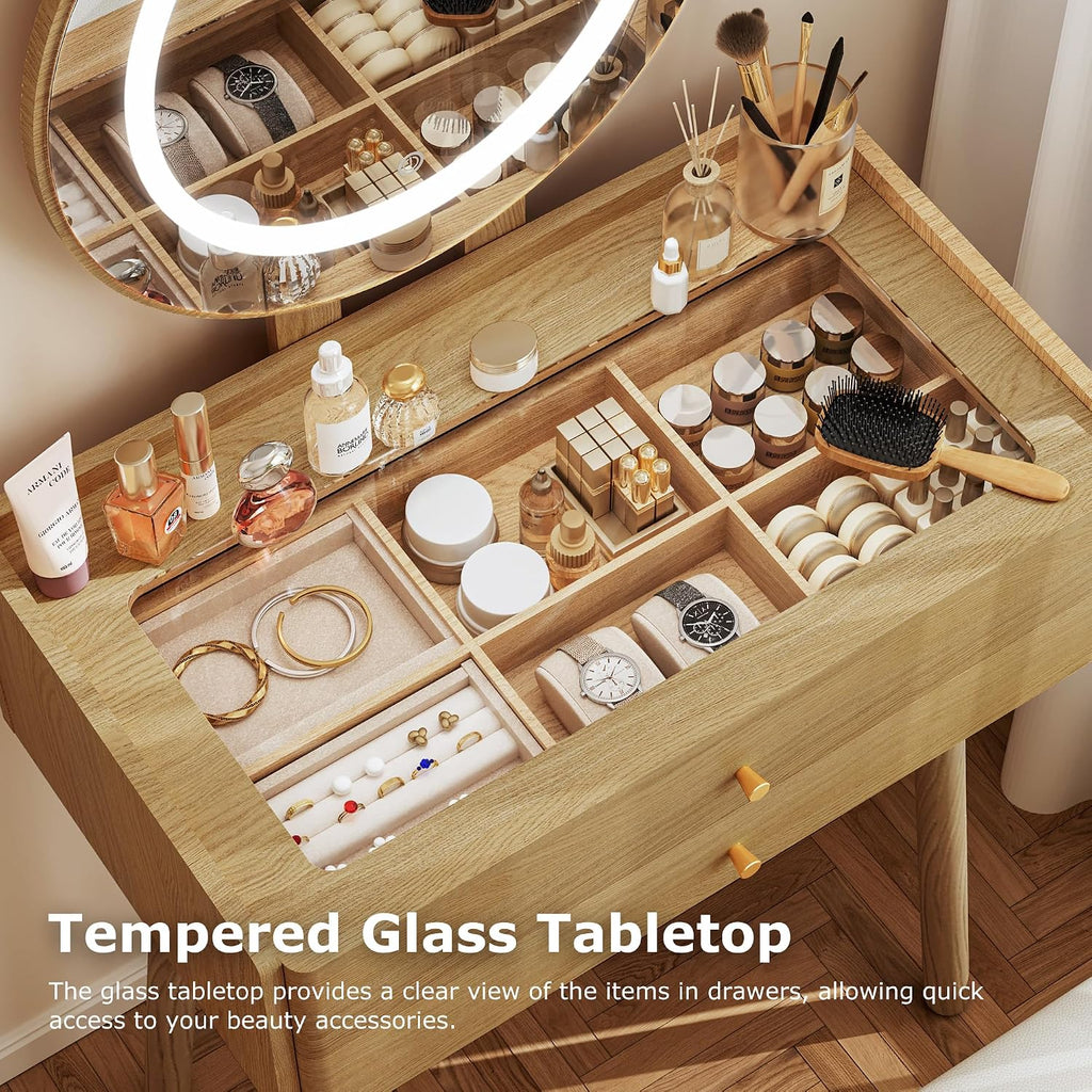 Glass Top Vanity Desk with Mirror and Lights, Small Makeup Table with Cushioned Stool, 2 Drawers Compact Vanity for Small Spaces with 6 Grid Organizer, 3 Lighting Modes, Natural Oak
