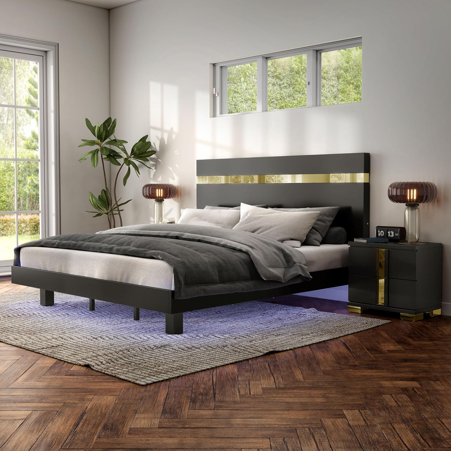 Furniture of America Ansten Modern Wood 3-Piece Platform Bedroom Set with Gold Trim, Underbed LED, Dust Proof Cases, Bracketed Metal Legs, No Box Spring Needed, Queen, Black