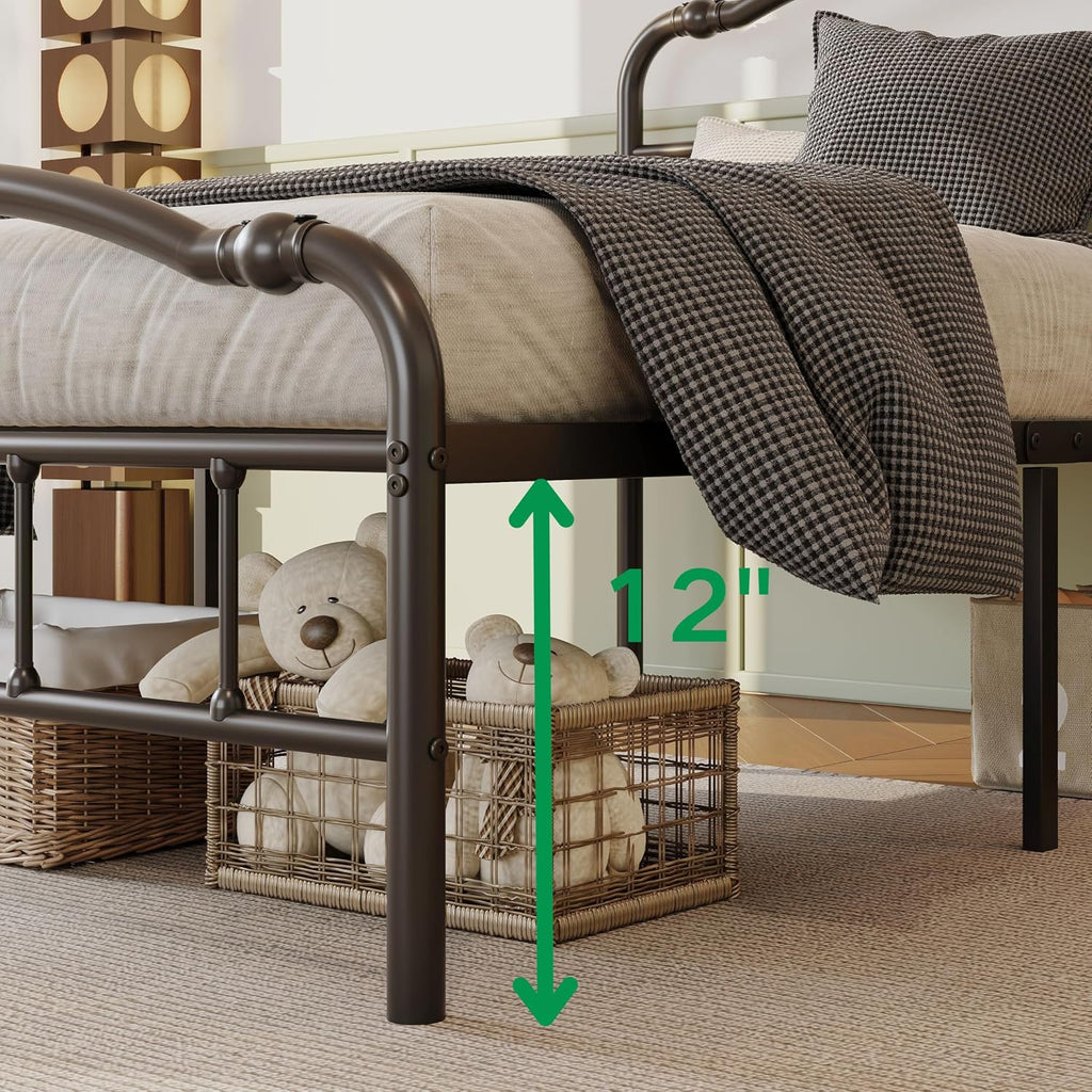 ZIYOO Vintage 14 Inch Queen Metal Bed Frame with Victorian-Style Headboard & Footboard, Sturdy Platform Design, Under Bed Storage, No Box Spring Needed, Noise Free, Elegant Black