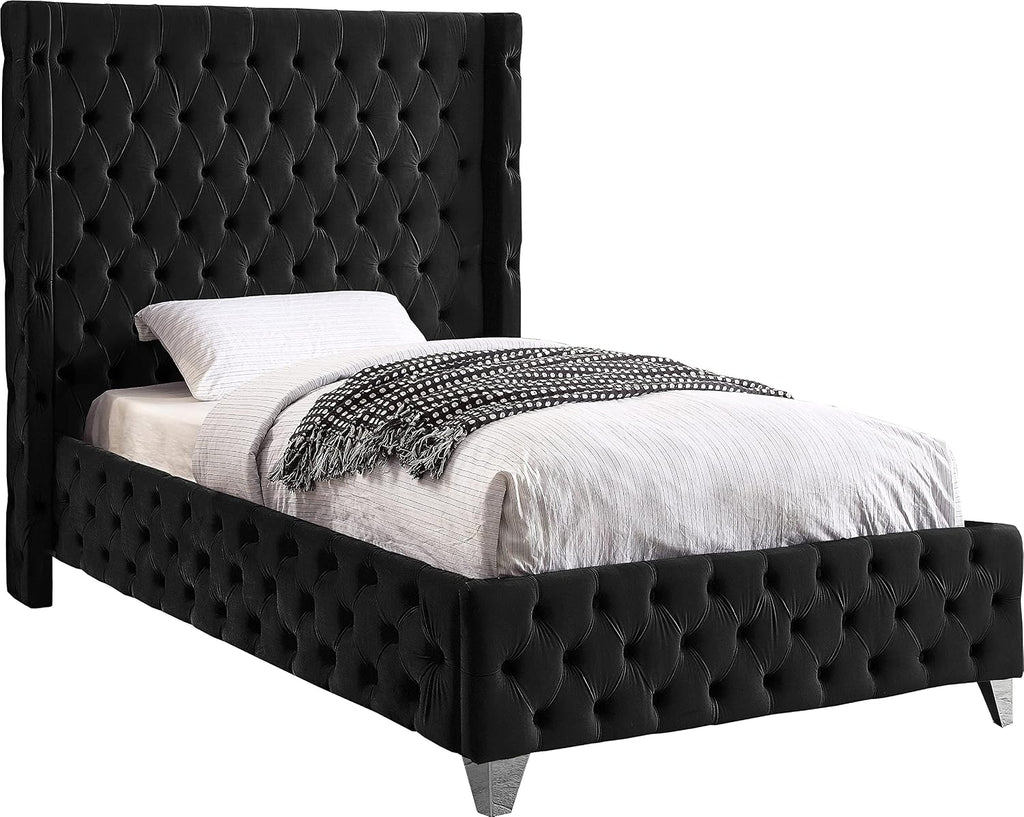 Meridian Furniture SavanBlack-T Savan Collection Modern | Contemporary Velvet Upholstered Bed with Deep Button Tufting in Gold or Chrome Finish, 50' W x 81' D x 56' H, Black, Twin