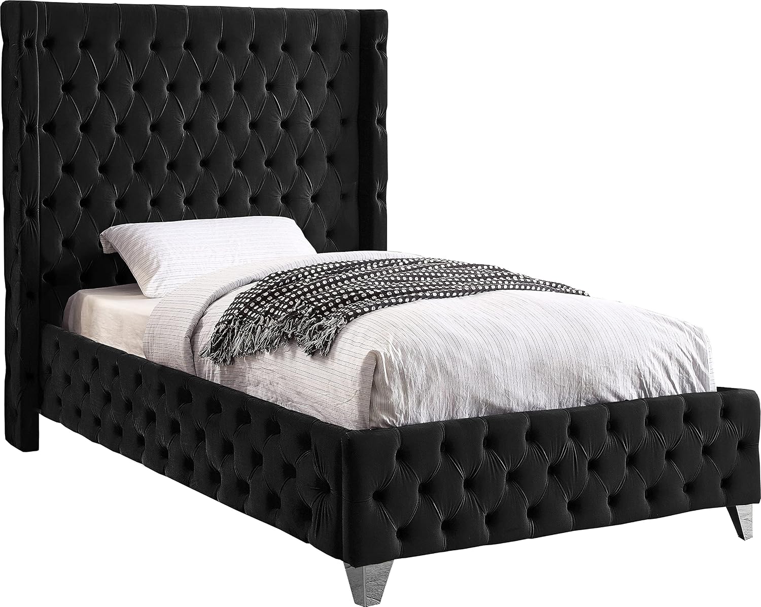 Meridian Furniture SavanBlack-T Savan Collection Modern | Contemporary Velvet Upholstered Bed with Deep Button Tufting in Gold or Chrome Finish, 50' W x 81' D x 56' H, Black, Twin