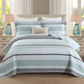 Homzard King Size Quilt,Cotton King Size Comforter Set,Mint Green Grey Bedding Set,Striped Bedspread,Lightweight Summer Comforter Sets 3 Piece