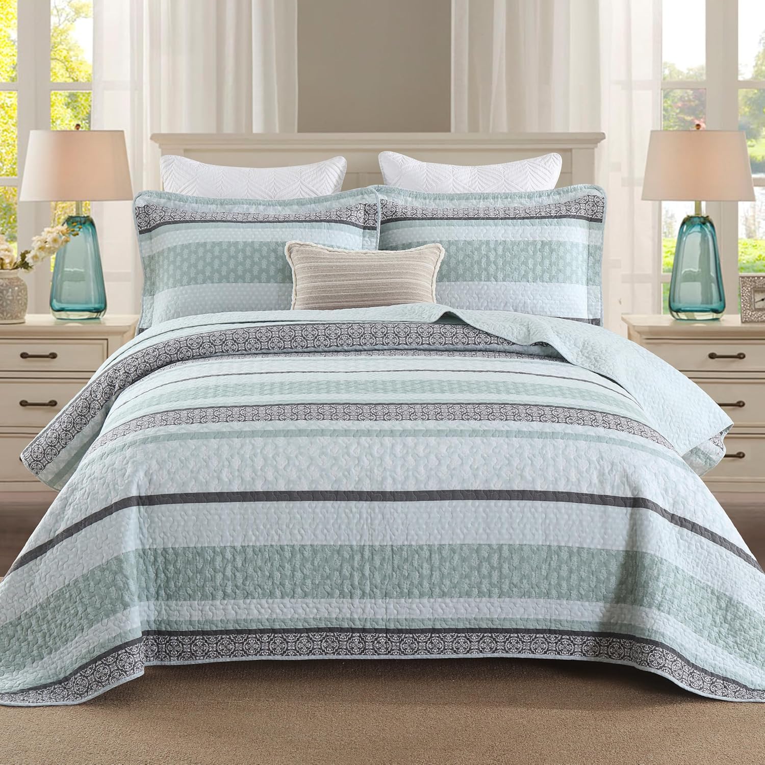 Homzard King Size Quilt,Cotton King Size Comforter Set,Mint Green Grey Bedding Set,Striped Bedspread,Lightweight Summer Comforter Sets 3 Piece