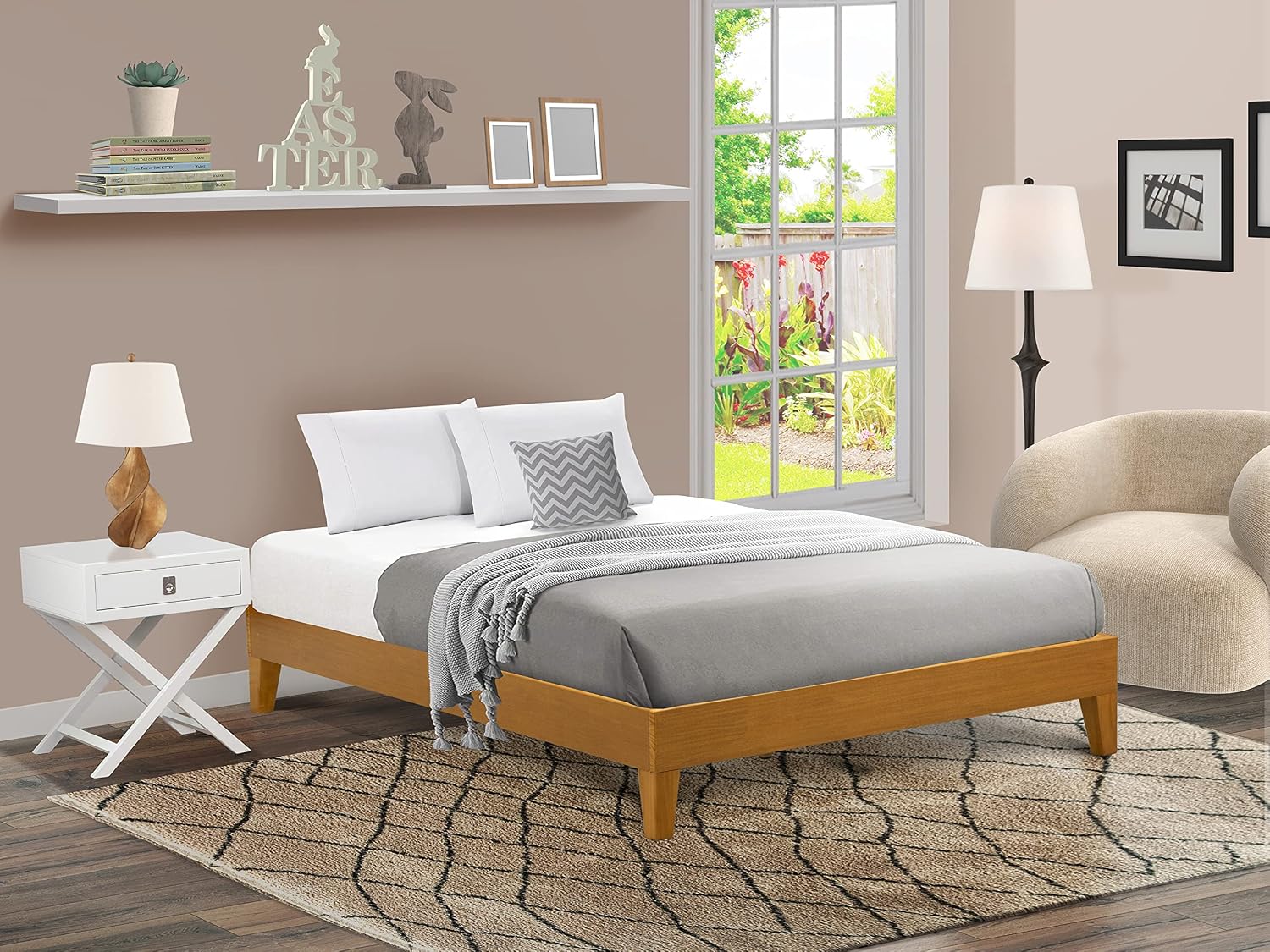 East West Furniture NVP-23-Q Queen Size Platform Bed Frame with 4 Hardwood Legs and 2 Extra Center Legs - Oak Finish