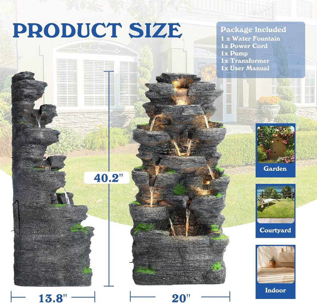 40' H 10-Tiers Cascading Rock Water Fountain Outdoor - Waterfalls Fountains with LED Lights, Outdoor/Indoor Resin Fountain for Patio, Garden, Backyard, Deck, Porch, Home Art Docor(40''H)