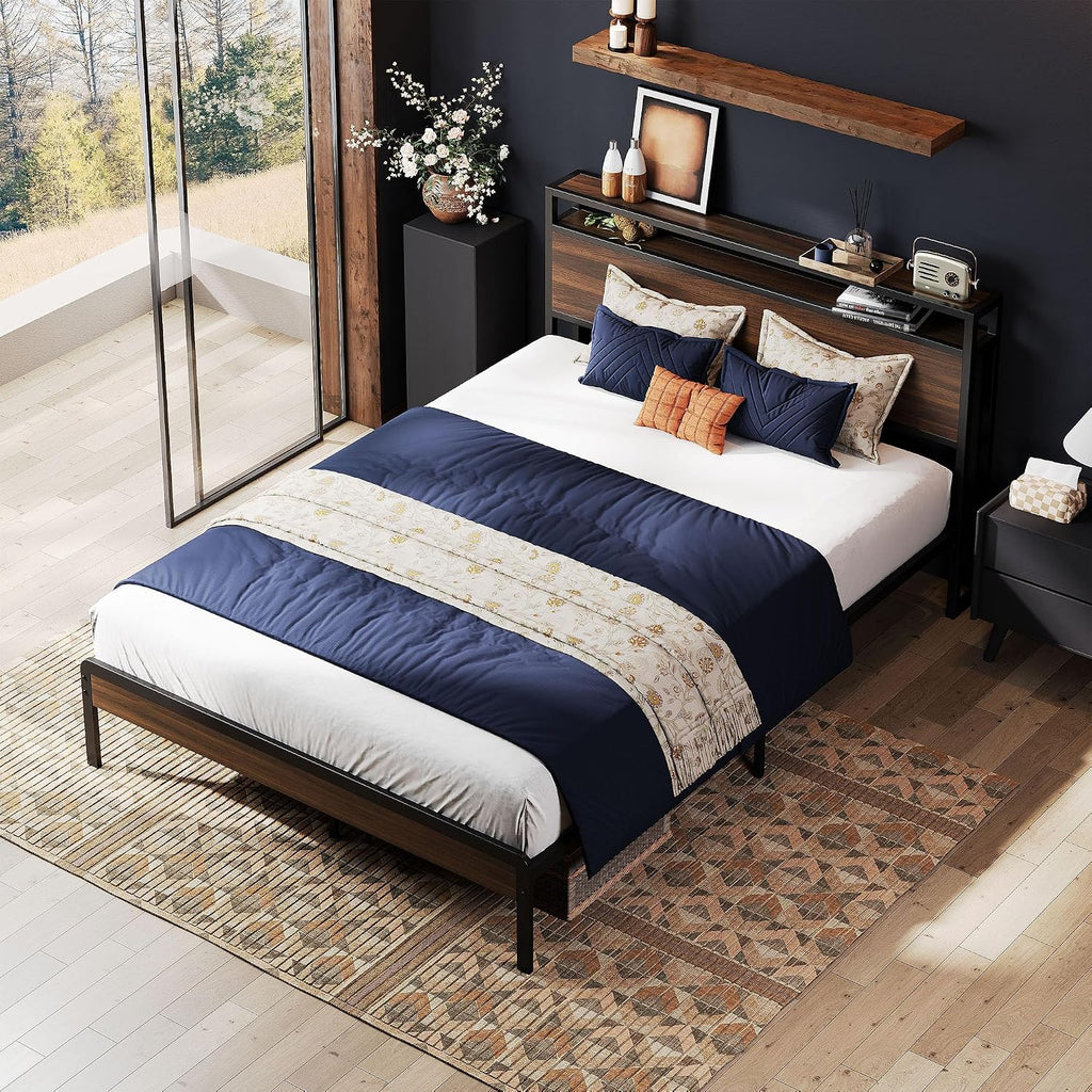 LIKIMIO Full Bed Frame with Headboard, Dark Wood Camas Full with Strong Supports, Sturdy, Noise-Free, No Box Spring Needed, Dark Walnut
