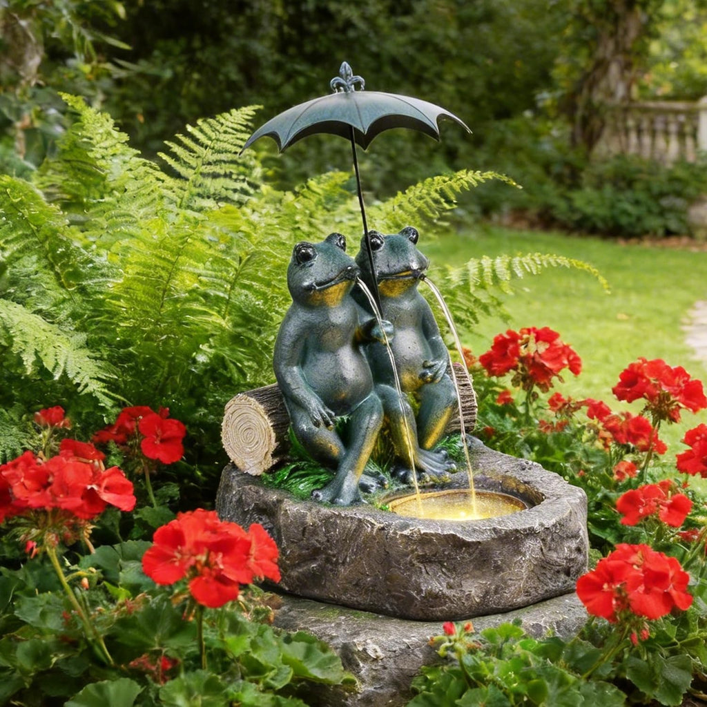 21' Frog Outdoor Water Fountain with LED Lights, Whimsical Resin Tabletop Waterfall Fountain Under Umbrella, Soothing Zen Garden Decor for Patio, Yard, Porch & Deck, Faux Bronze
