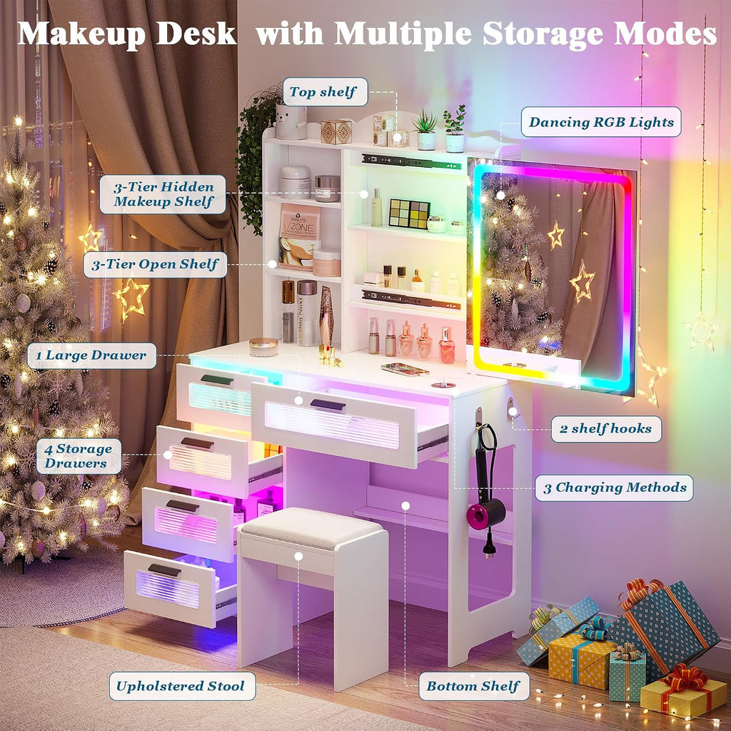 WOOVIVS Vanity with LED Mirror, 6 Drawer Dresser with Charging Station for Bedroom, Small Makeup Vanitys Table with RGB Light, Vanity Set with Chair,Jewelry Organizer for Girls-White