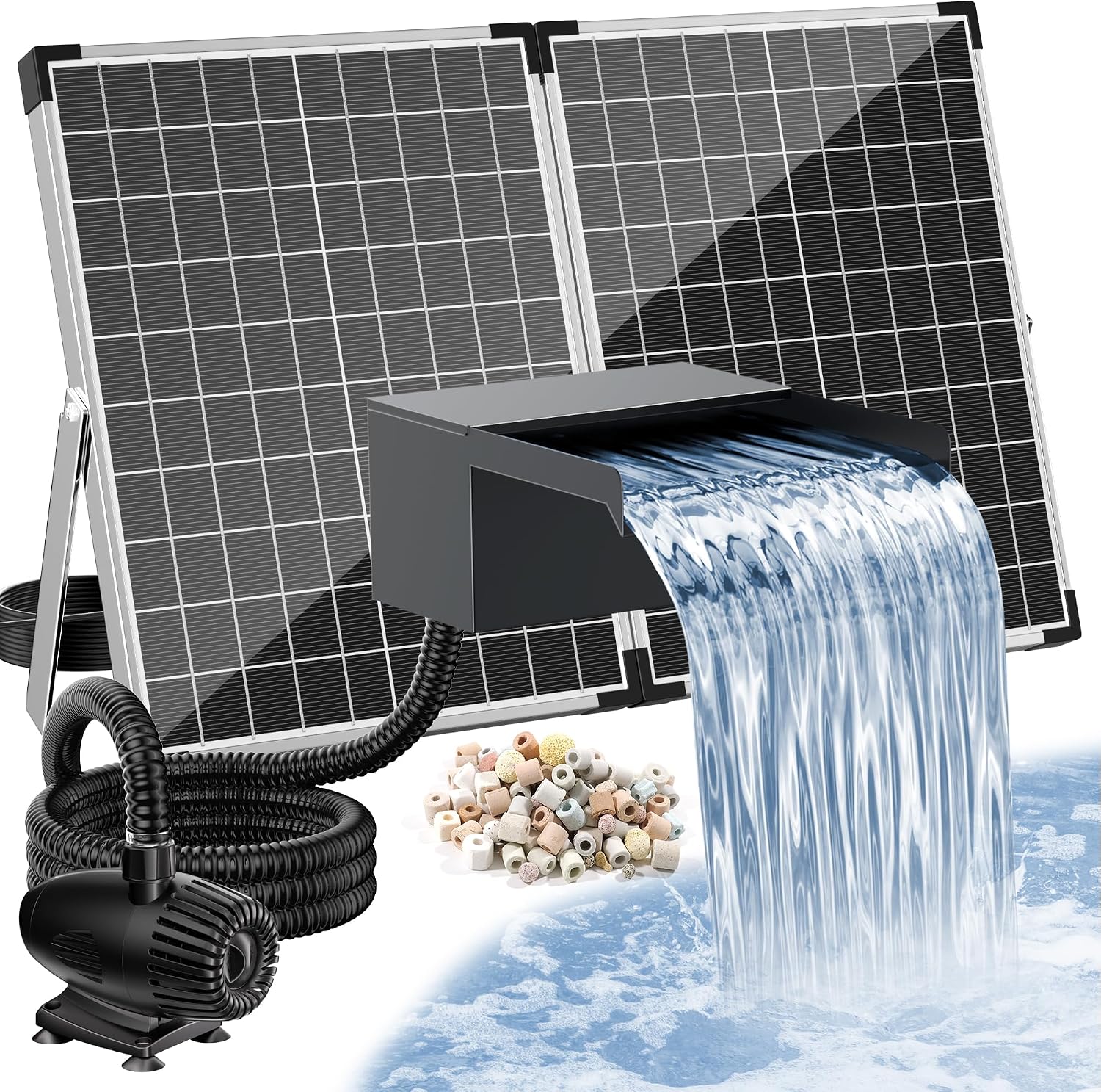 POPOSOAP 55W Solar Pond Waterfall Spillway with Fountain Pump, 304 Stainless Steel Pond Spillway & Filtration System with 9.8FT Tubing for Garden Ponds Landscape Water Features-P5552Y