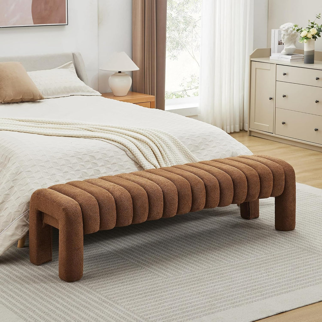 63' Upholstered Boucle Bench Bedroom, Padded King Size Long Ottoman Bench, Sherpa Window Seat for Living Room, Entryway, End of Bed, Rust Brown