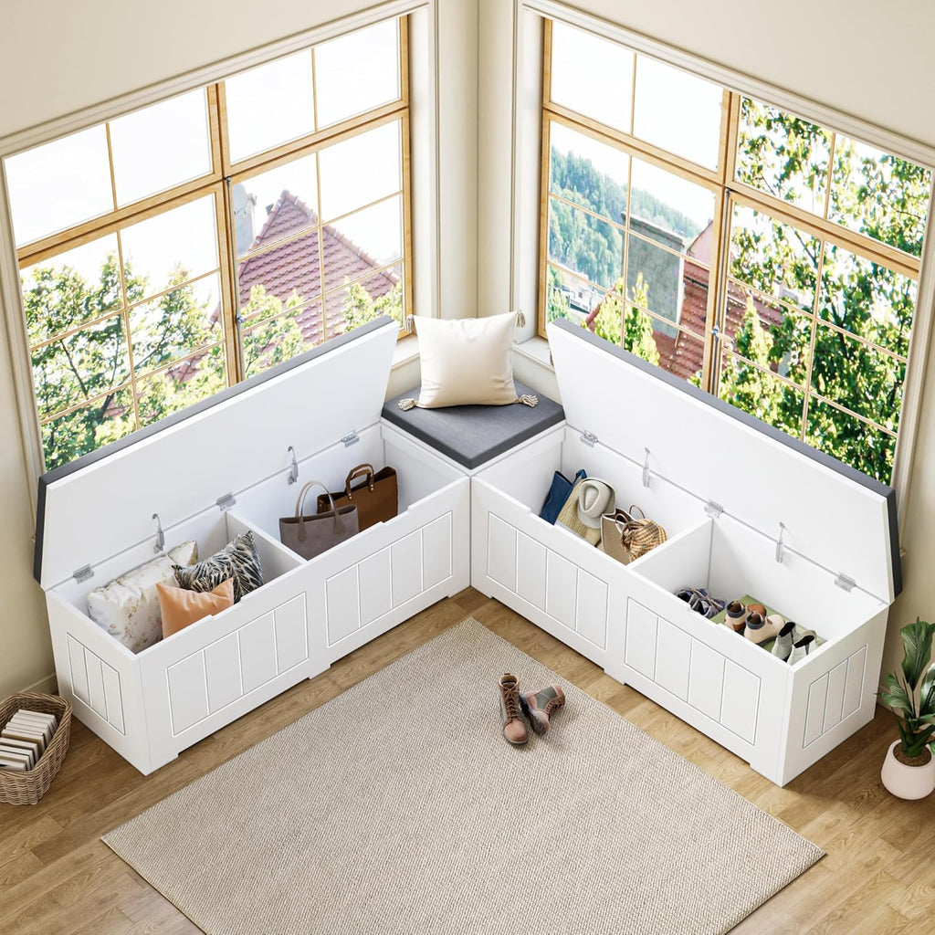 L-Shaped Corner Storage Bench Compartments & Cushioned Seat, Kitchen Breakfast Nook Bench with Hidden Storage, Wood Flip-Top Shoe Benches for Entryway Cloakroom, White & Grey