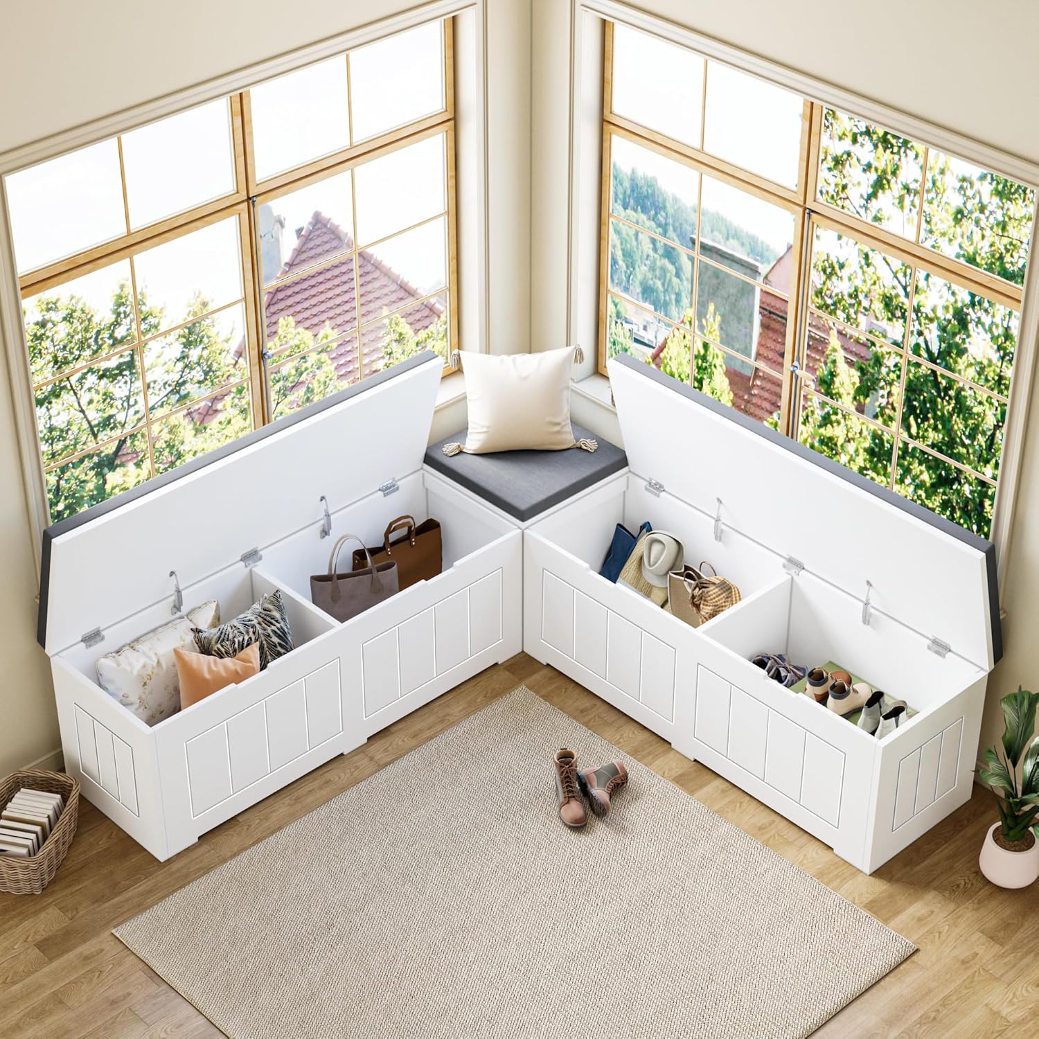 L-Shaped Corner Storage Bench Compartments & Cushioned Seat, Kitchen Breakfast Nook Bench with Hidden Storage, Wood Flip-Top Shoe Benches for Entryway Cloakroom, White & Grey