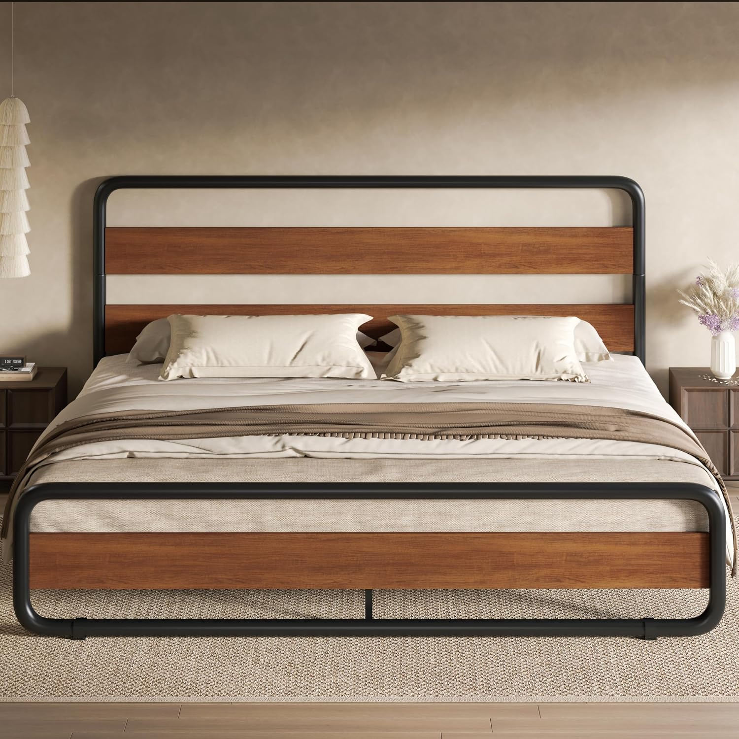 SHA CERLIN Queen Size Metal Bed Frame with Wooden Headboard and Footboard, Heavy Duty Oval-Shaped Platform Bed with Under-Bed Storage, Noise Free, No Box Spring Needed, Vintage Walnut