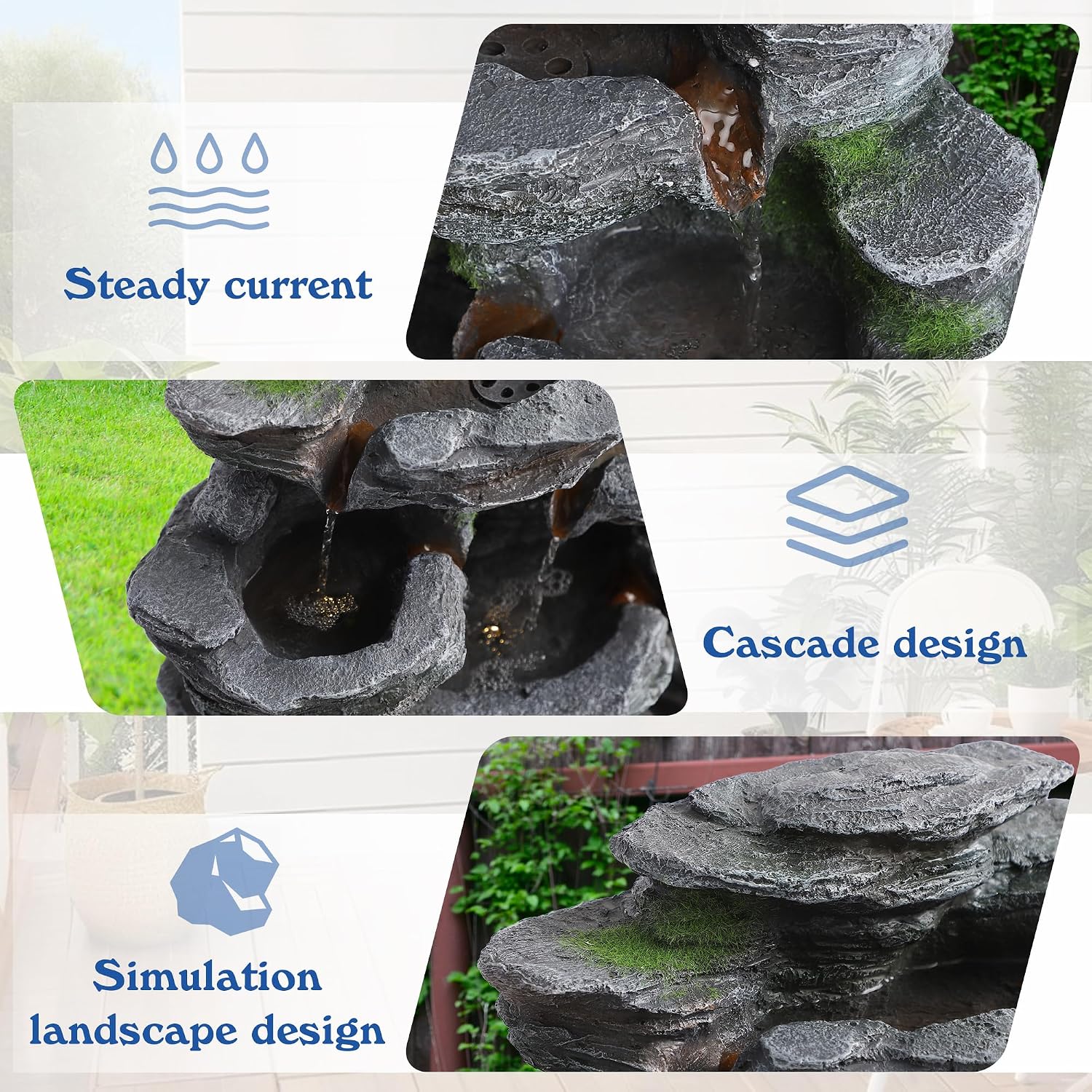 Cascading Rock Water Fountain Outdoor - Waterfalls Fountains with LED Lights, Outdoor/Indoor Resin Fountain for Patio, Garden, Backyard, Deck, Porch, Home Art Docor (24' H)
