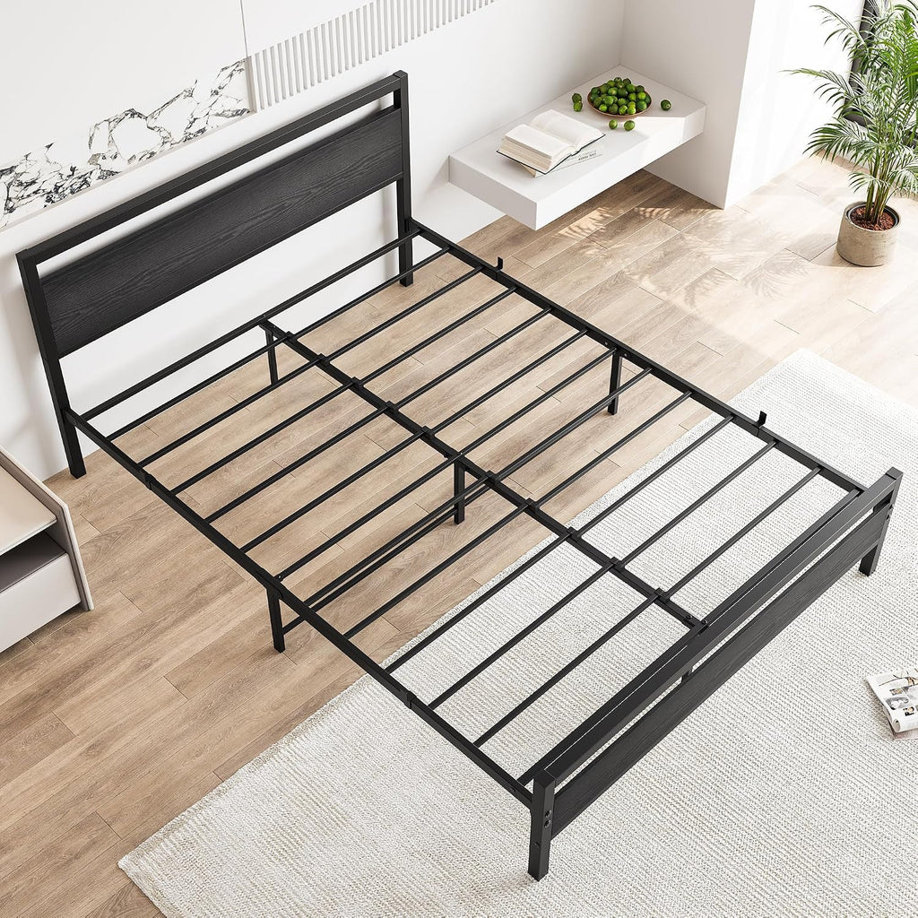 BOFENG Black Queen Size Bed Frames with Wood Headboard,Heavy Duty Metal Platform Bed Frame with Storage No Box Spring Needed,Strong Steel Slats Support,Noise Free