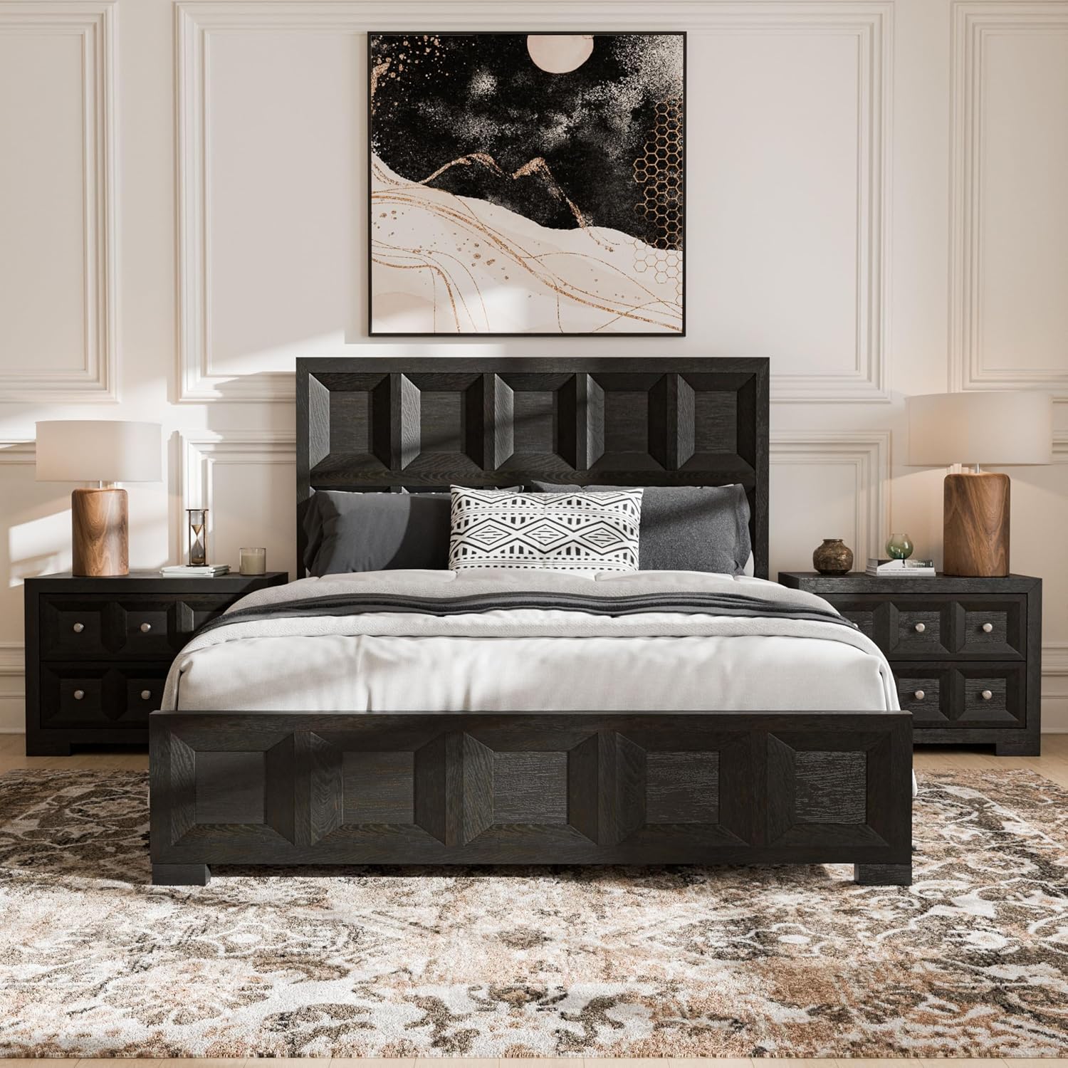 Furniture of America Dannen Modern Solid Wood 3-Piece Bedroom Set with Oversized Nightstand, Cedarwood-Lined Bottom and Felt-Lined Top Drawers, Box Spring Needed, Queen, Weathered Black