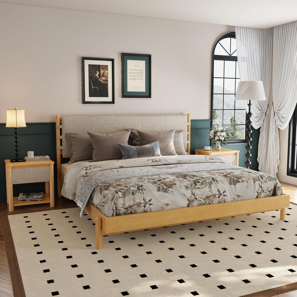 King Bed Frame Set with Nightstands: 600lbs Support Bedroom Furniture - 3-Piece Beige Wood Platform Bed & Matching Bedside Tables for Master Bedroom