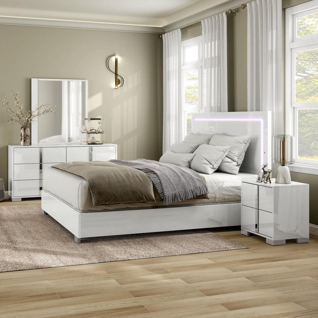 Furniture of America Alistair Modern Wood 4-Piece Bedroom Set with LED on Headboard Bed, Ball-Bearing Glides on Nightstand and Dresser with Mirror, Box Spring Required, King, White