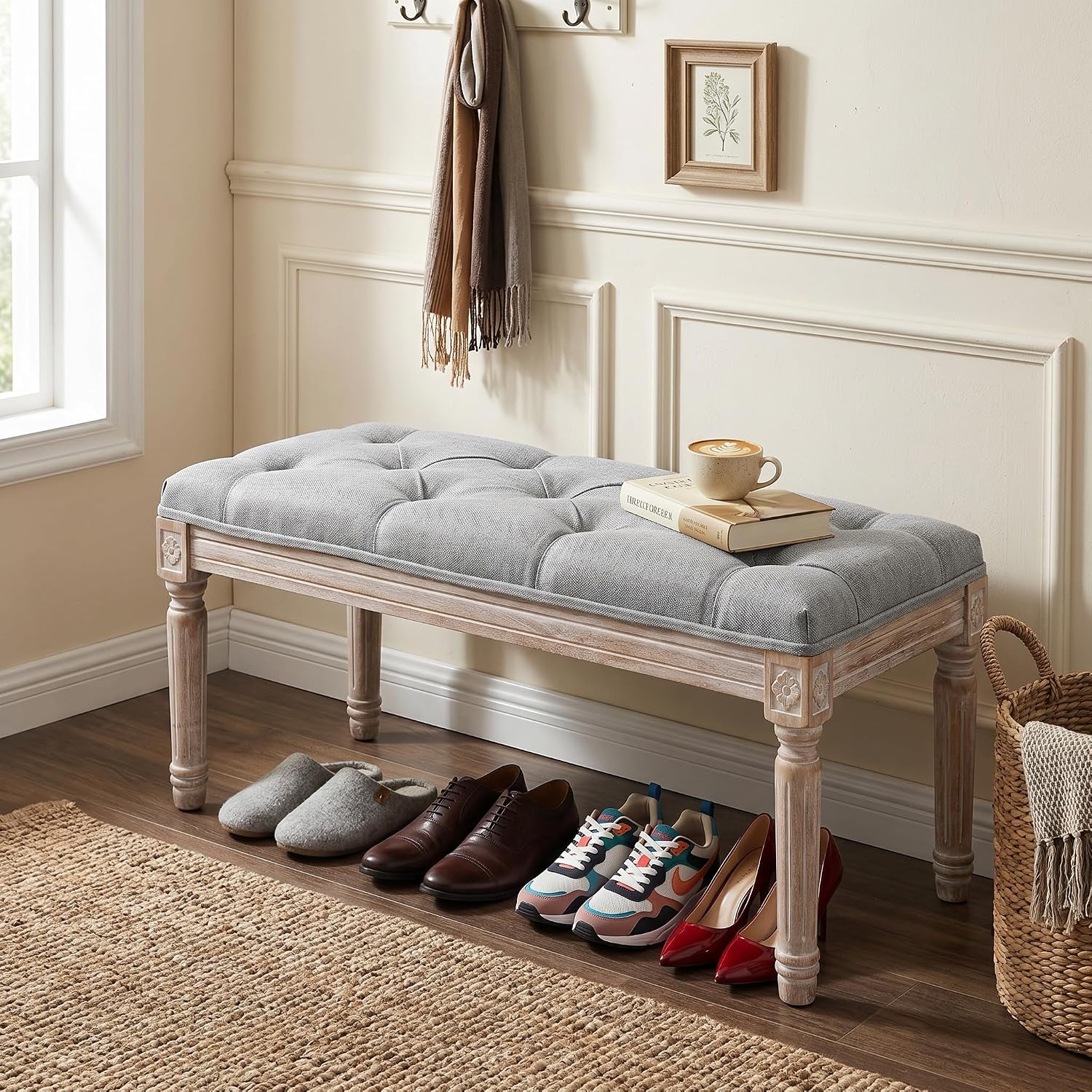 Ottoman Bench Upholstered Fabric Rectangle Entryway Bench, Tufted Piano Bench for 2 People, Rubber Wood Legs with Beautiful Carved Pattern for Bedroom/Living Room/Dining Room (Grey)