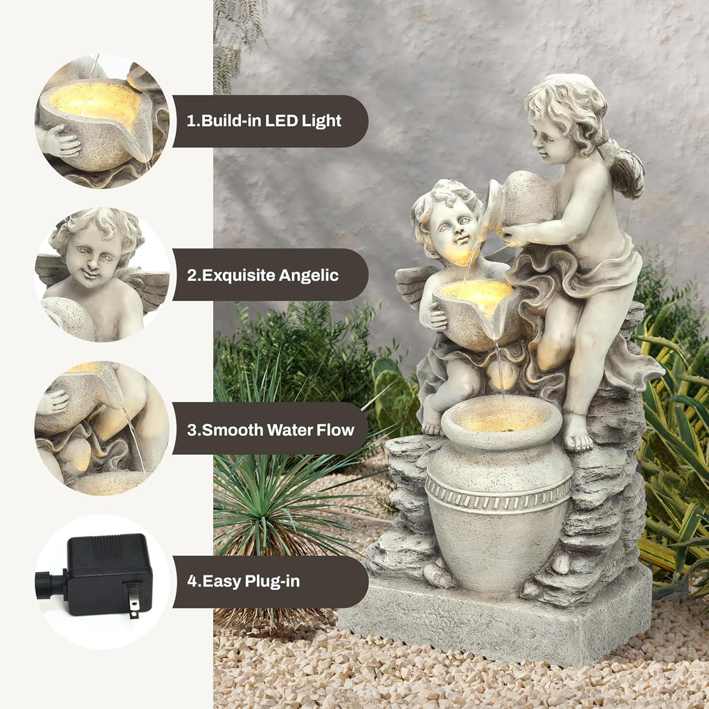 LuxenHome 30 Inch Outdoor Water Fountain, Resin Angels Water Fountains Indoor and Outdoor with LED Light, 3 Layers Angels and Urn Garden Water Fountain, Decorative Waterfall for Backyard