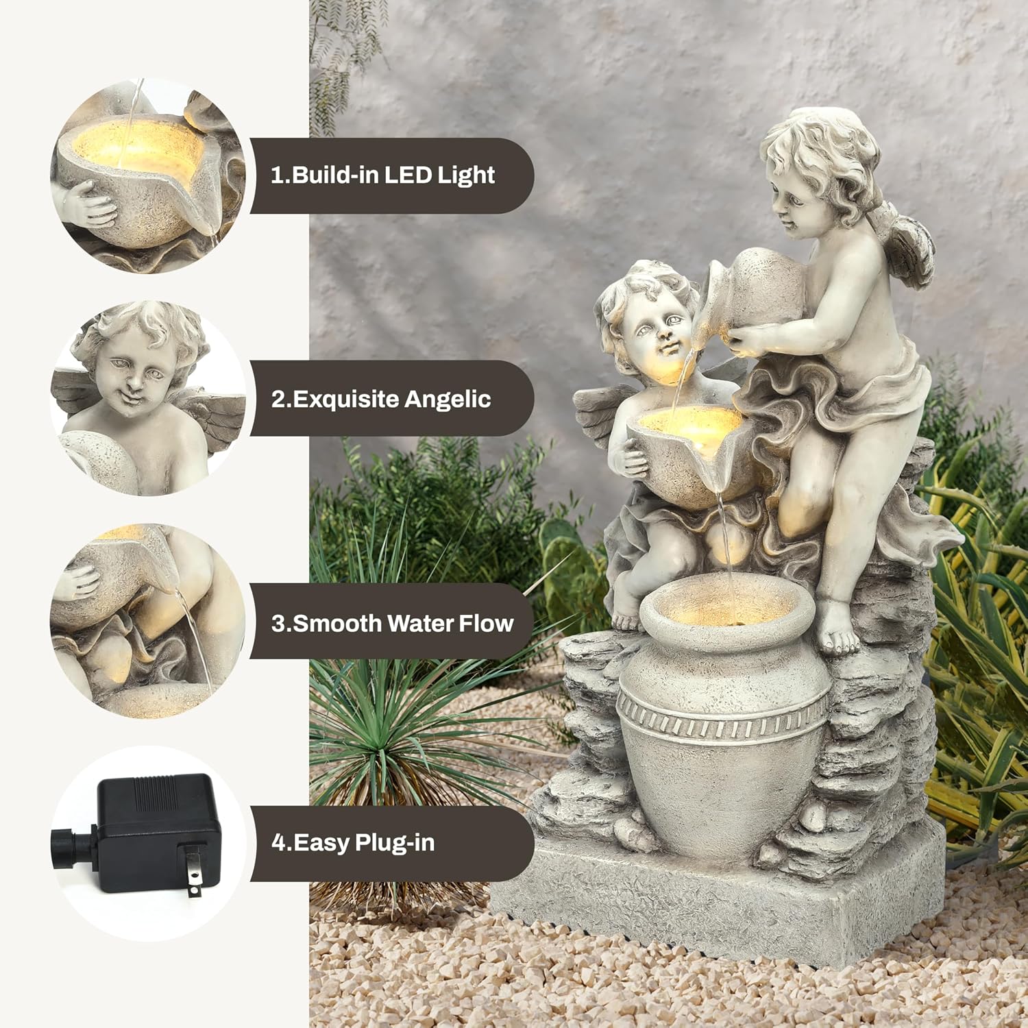 LuxenHome 30 Inch Outdoor Water Fountain, Resin Angels Water Fountains Indoor and Outdoor with LED Light, 3 Layers Angels and Urn Garden Water Fountain, Decorative Waterfall for Backyard