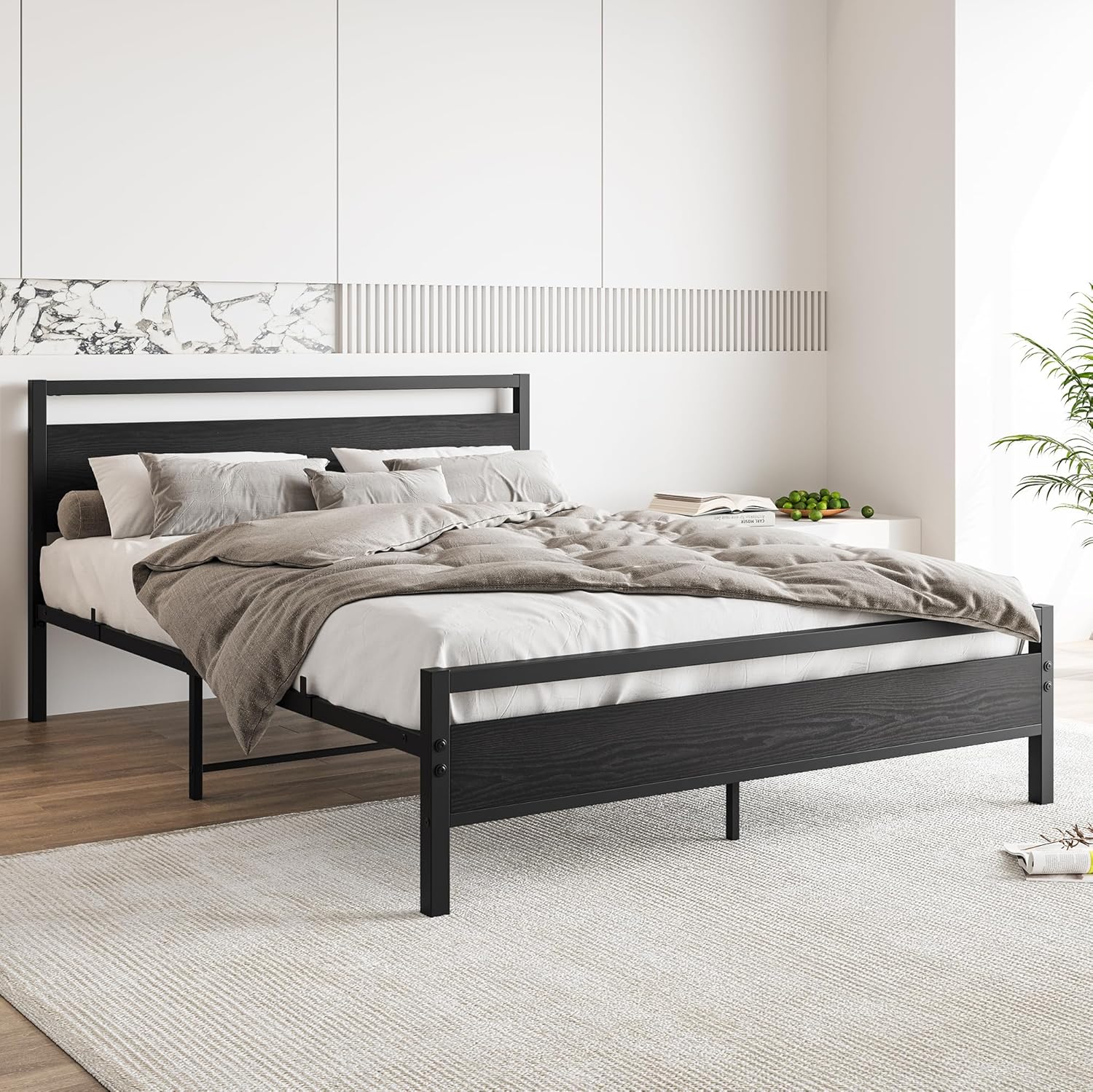 BOFENG Black Queen Size Bed Frames with Wood Headboard,Heavy Duty Metal Platform Bed Frame with Storage No Box Spring Needed,Strong Steel Slats Support,Noise Free