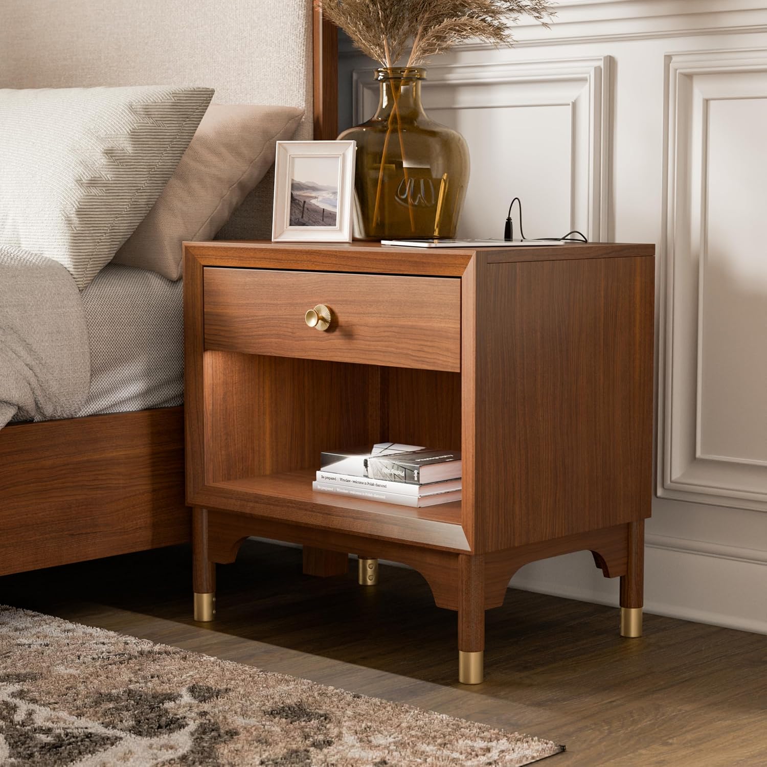 Furniture of America Forma Mid-Century Modern Solid Wood 2-Piece Bedroom Collection, Upholstered Bed Frame with LED Reading Light and Nightstand with Power Ports, No Box Spring Needed, Walnut, King