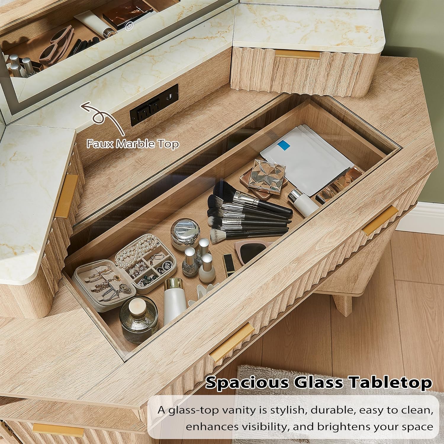 T4TREAM Fluted Makeup Vanity Desk with 3 Way Mirror and Lights, 48' Large Corner Vanity Table with Glass Top, Charging Station, 3 Drawers, Storage Cabinets & Shelves, for Bedroom, Natural Oak