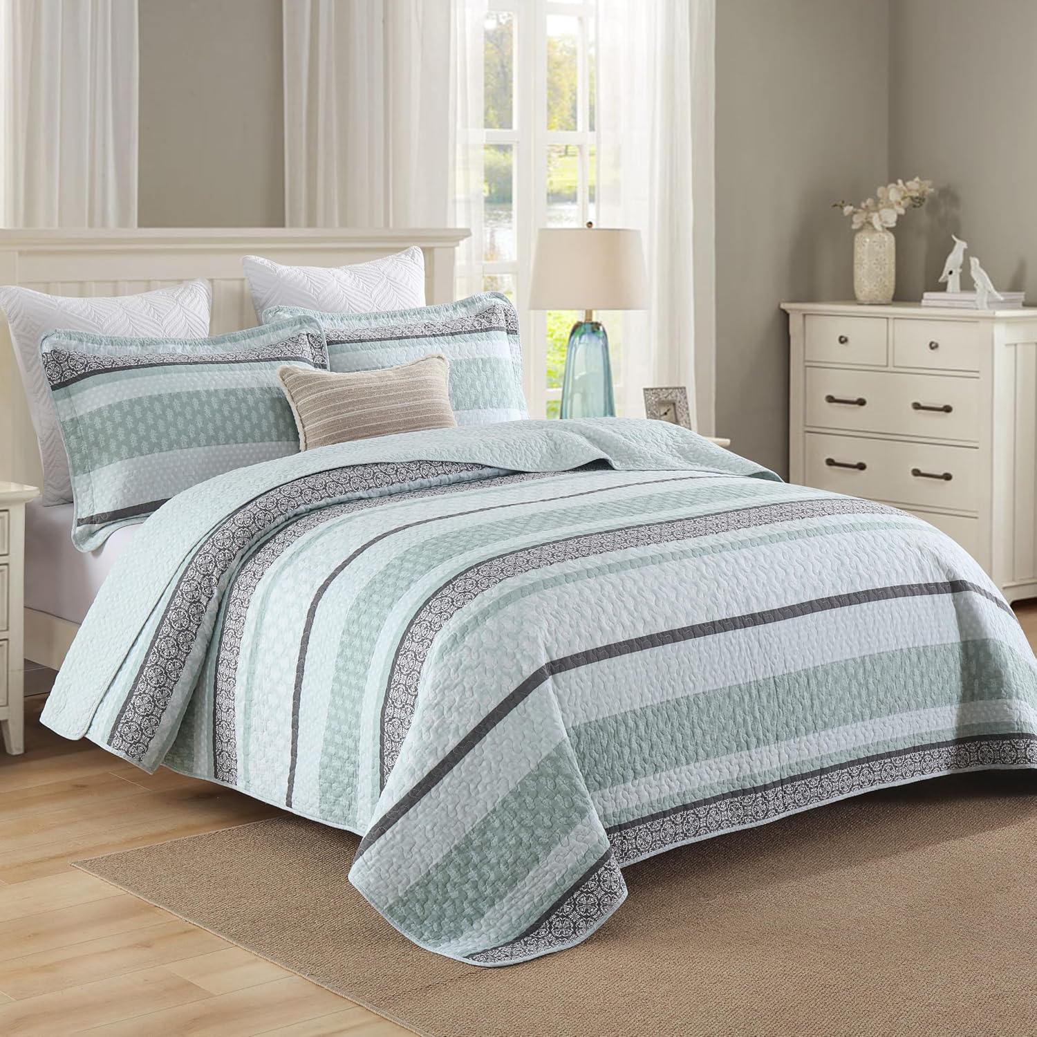 Homzard King Size Quilt,Cotton King Size Comforter Set,Mint Green Grey Bedding Set,Striped Bedspread,Lightweight Summer Comforter Sets 3 Piece