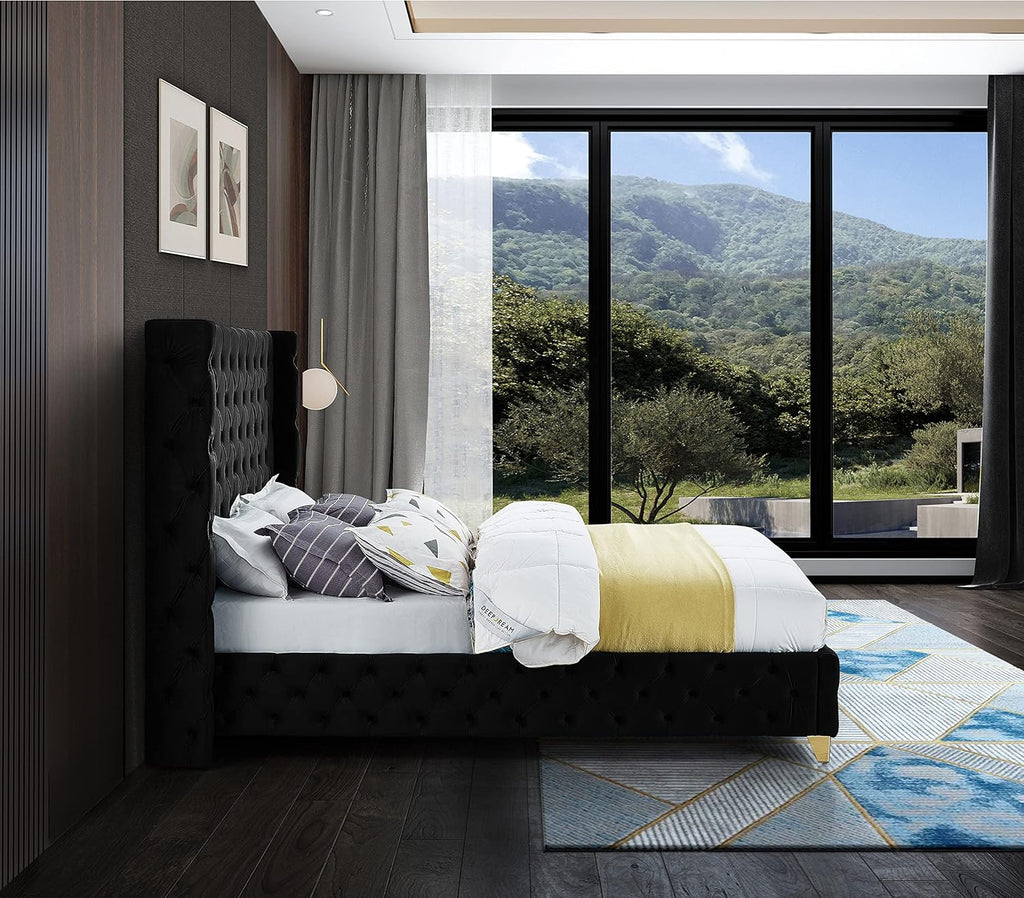 Meridian Furniture SavanBlack-F Savan Collection Modern | Contemporary Velvet Upholstered Bed with Deep Button Tufting in Gold or Chrome Finish, 66' W x 81' D x 56' H, Black, Full